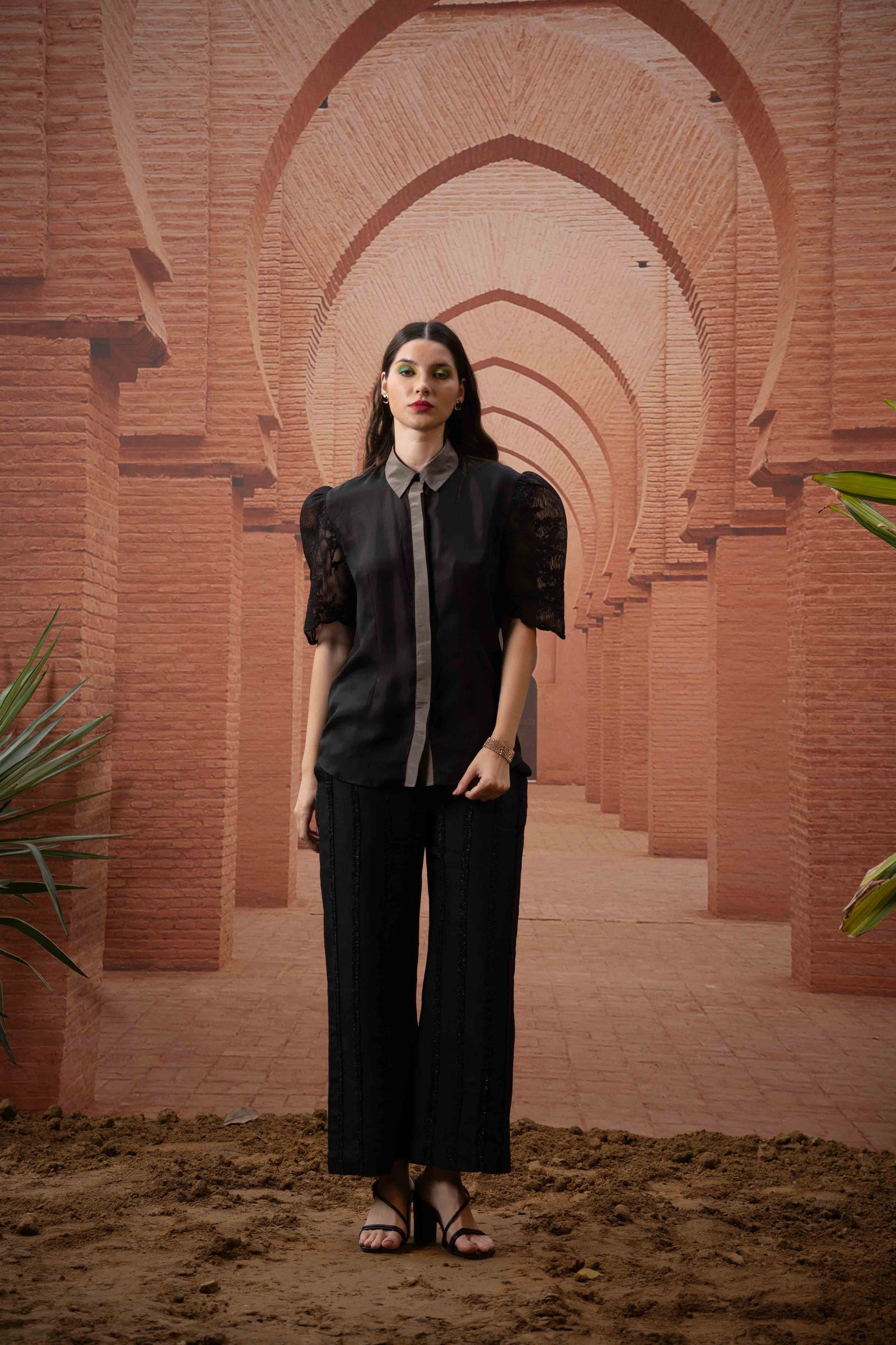 Black mesh sleeve silk shirt