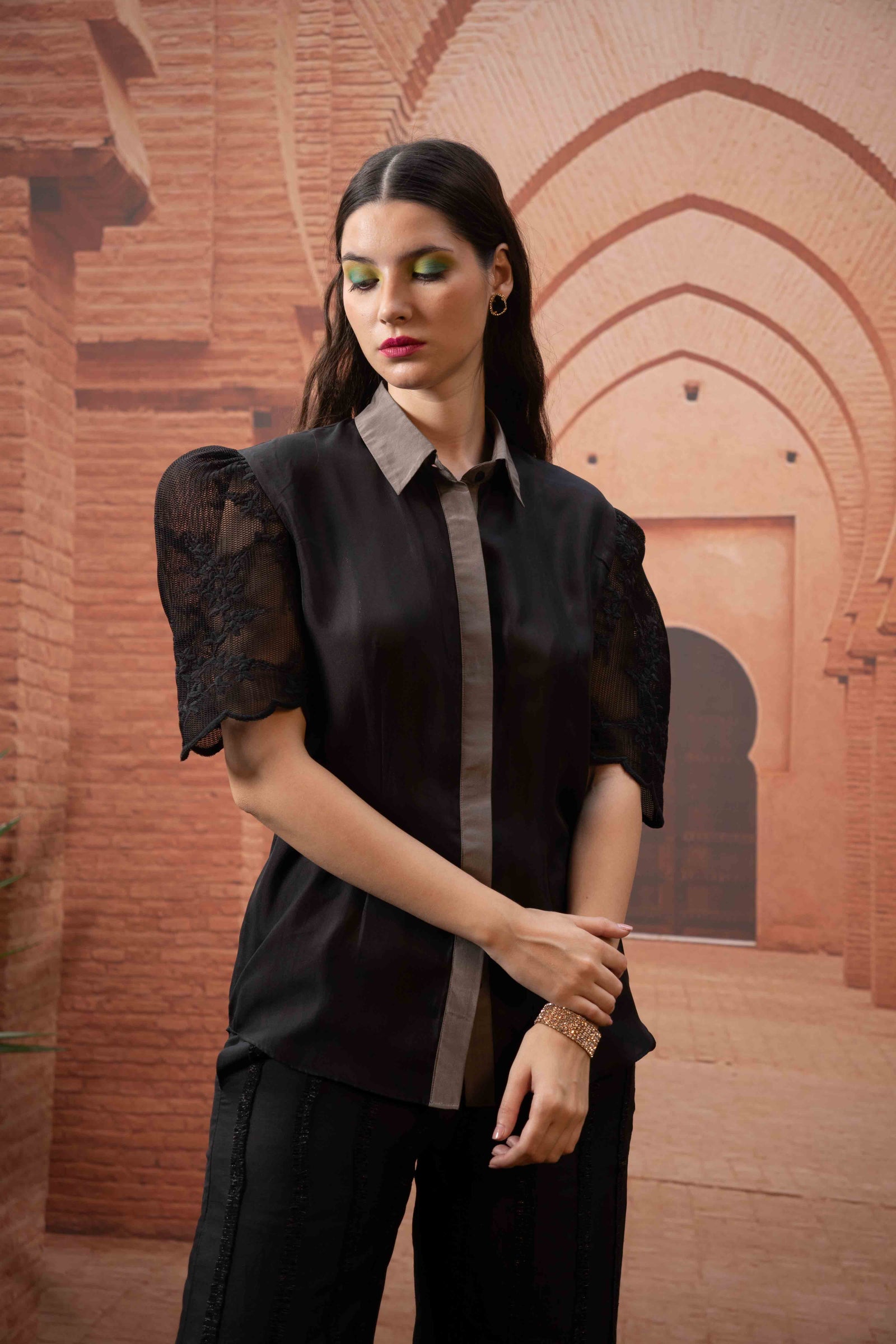 Black mesh sleeve silk shirt