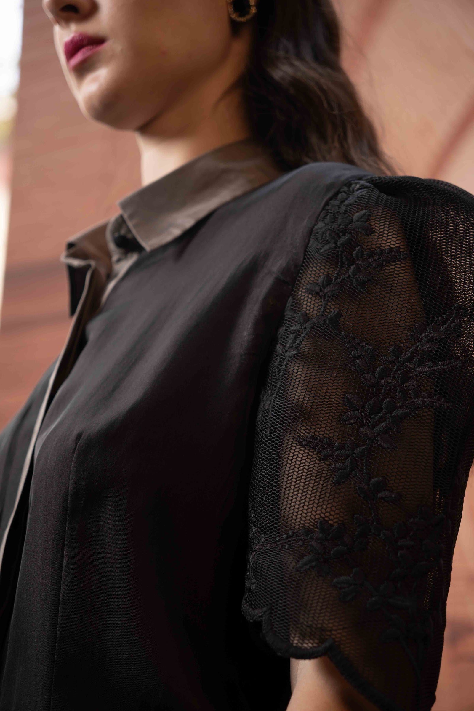 Black mesh sleeve silk shirt