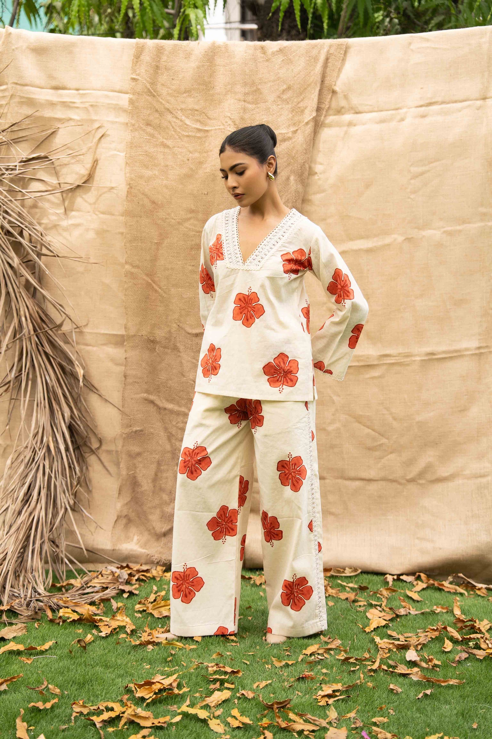 A Floral Relaxed Fit Shirt With Lace Neckline