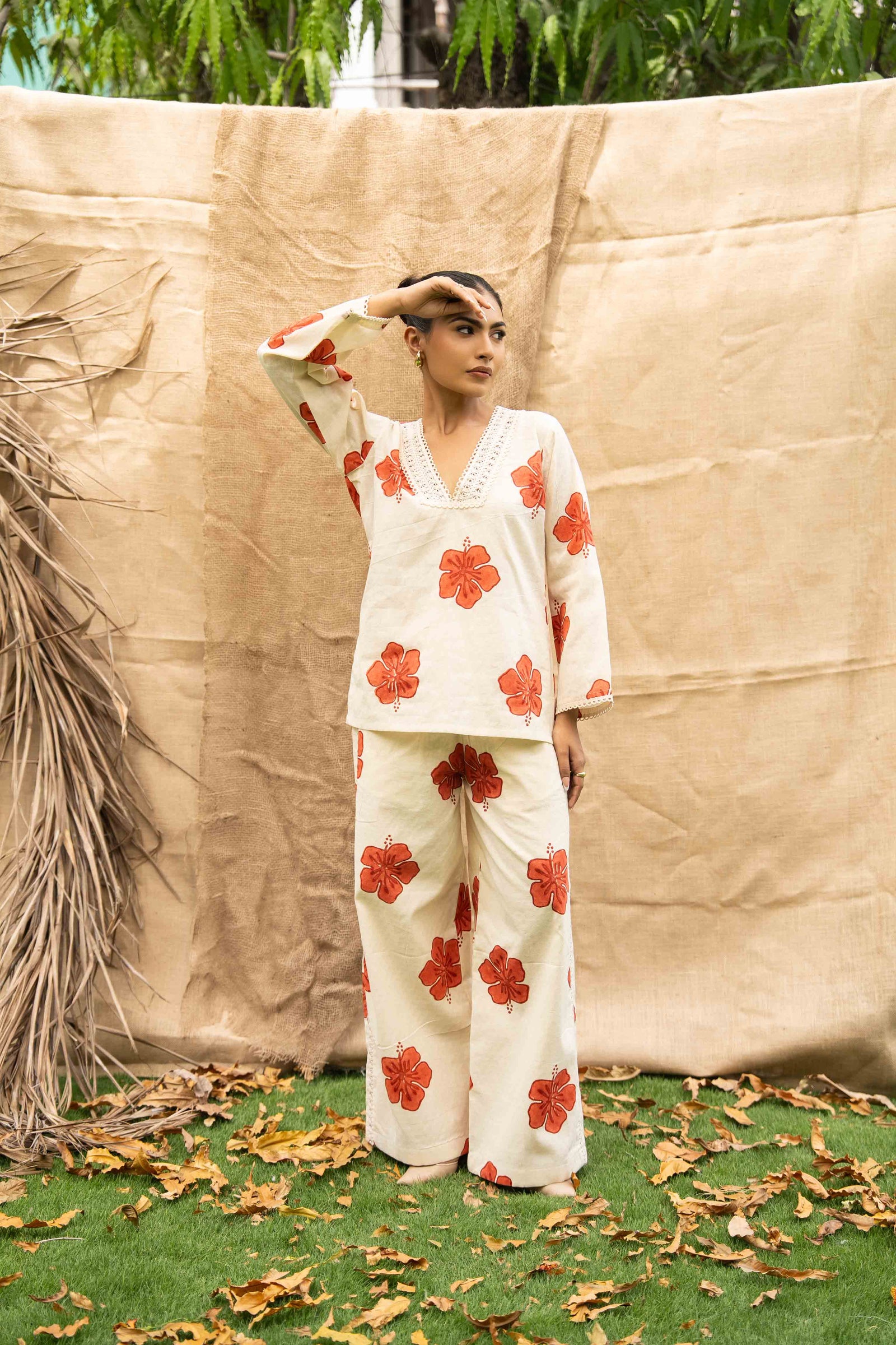 A Floral Relaxed Fit Shirt With Lace Neckline