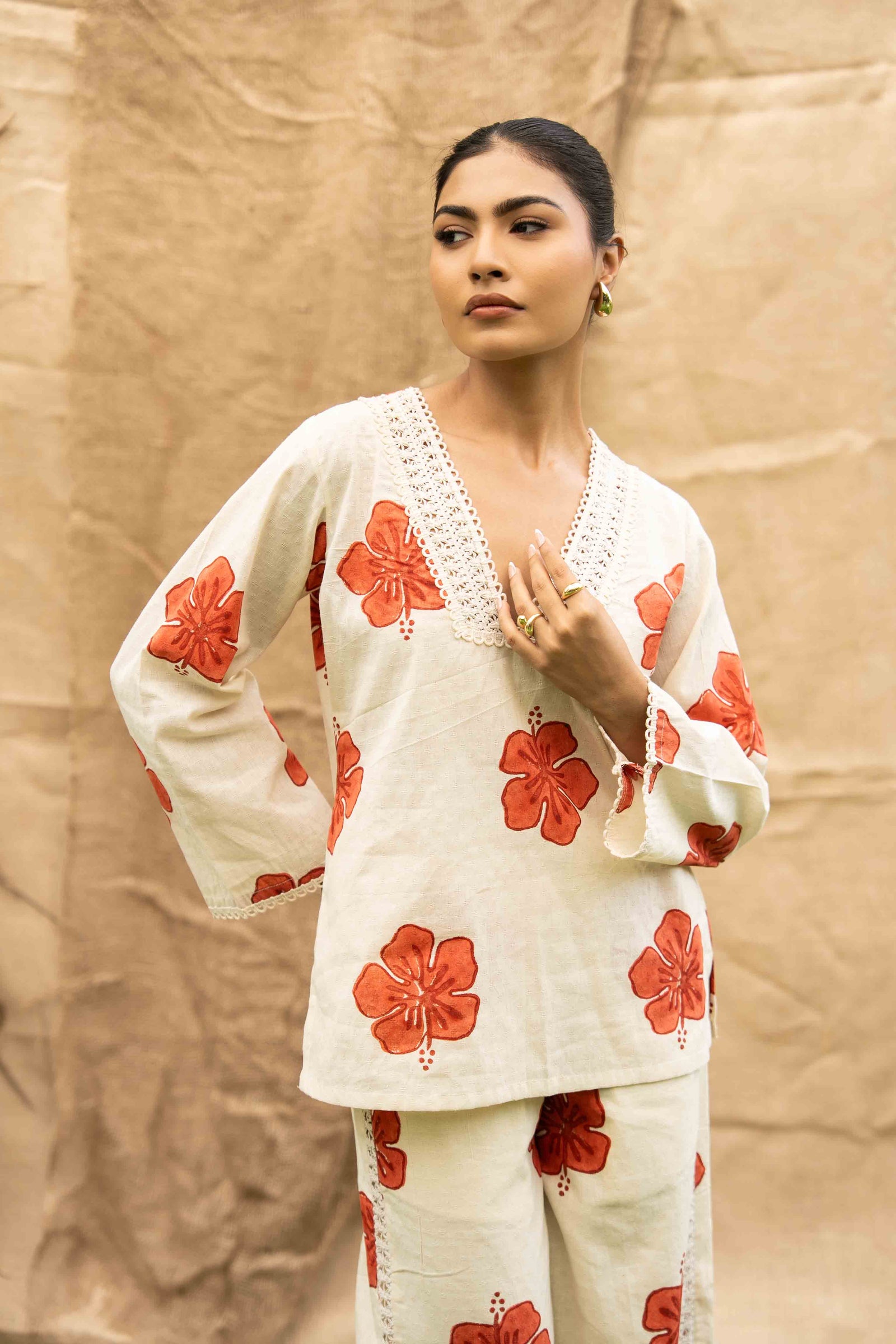 A Floral Relaxed Fit Shirt With Lace Neckline