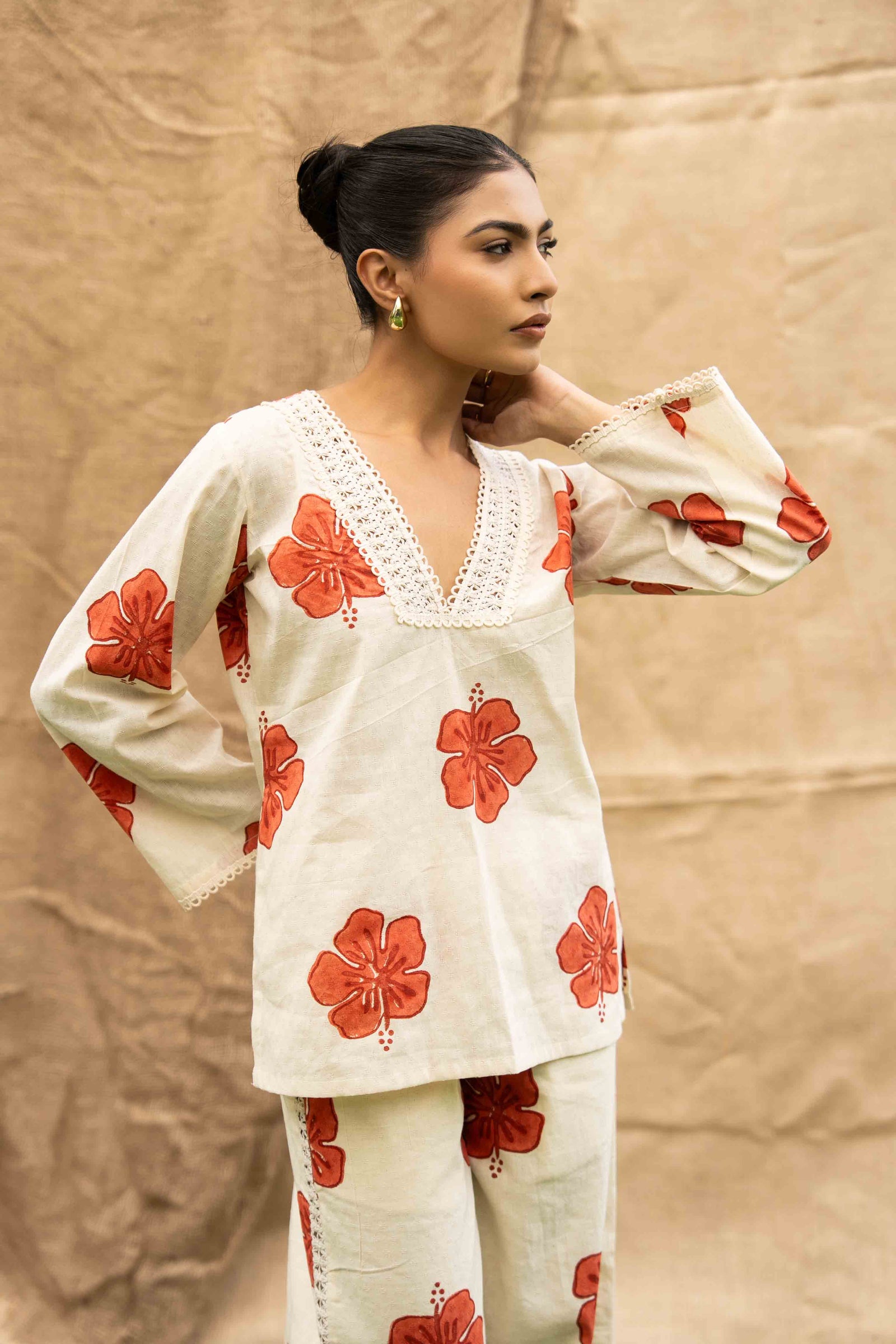 A Floral Relaxed Fit Shirt With Lace Neckline
