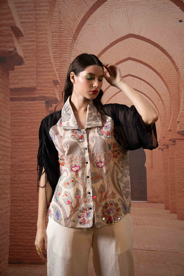 Jacquard shirt with pull up chiffon sleeve