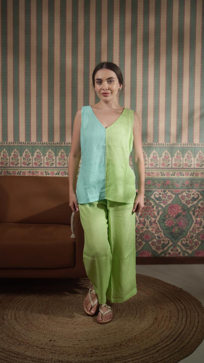 Color Block V Neck Tank With Pleated Flood Pant