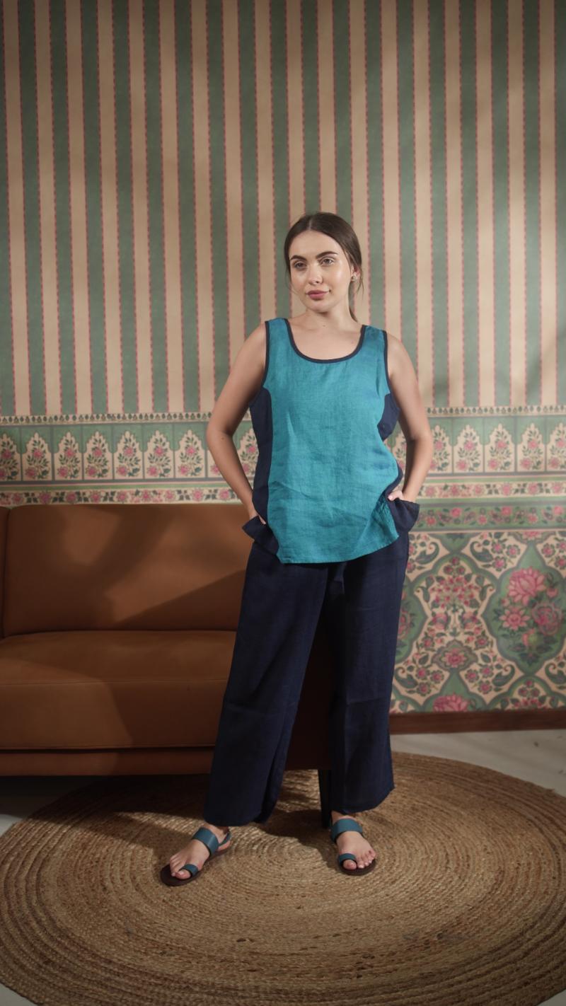 Color Block Round Neck Tank With Classic Pant With Zipper And Button