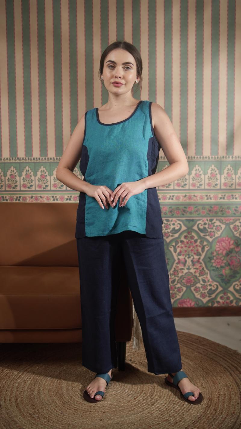 Color Block Round Neck Tank With Classic Pant With Zipper And Button