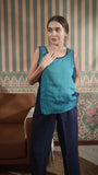 Color Block Round Neck Tank With Classic Pant With Zipper And Button