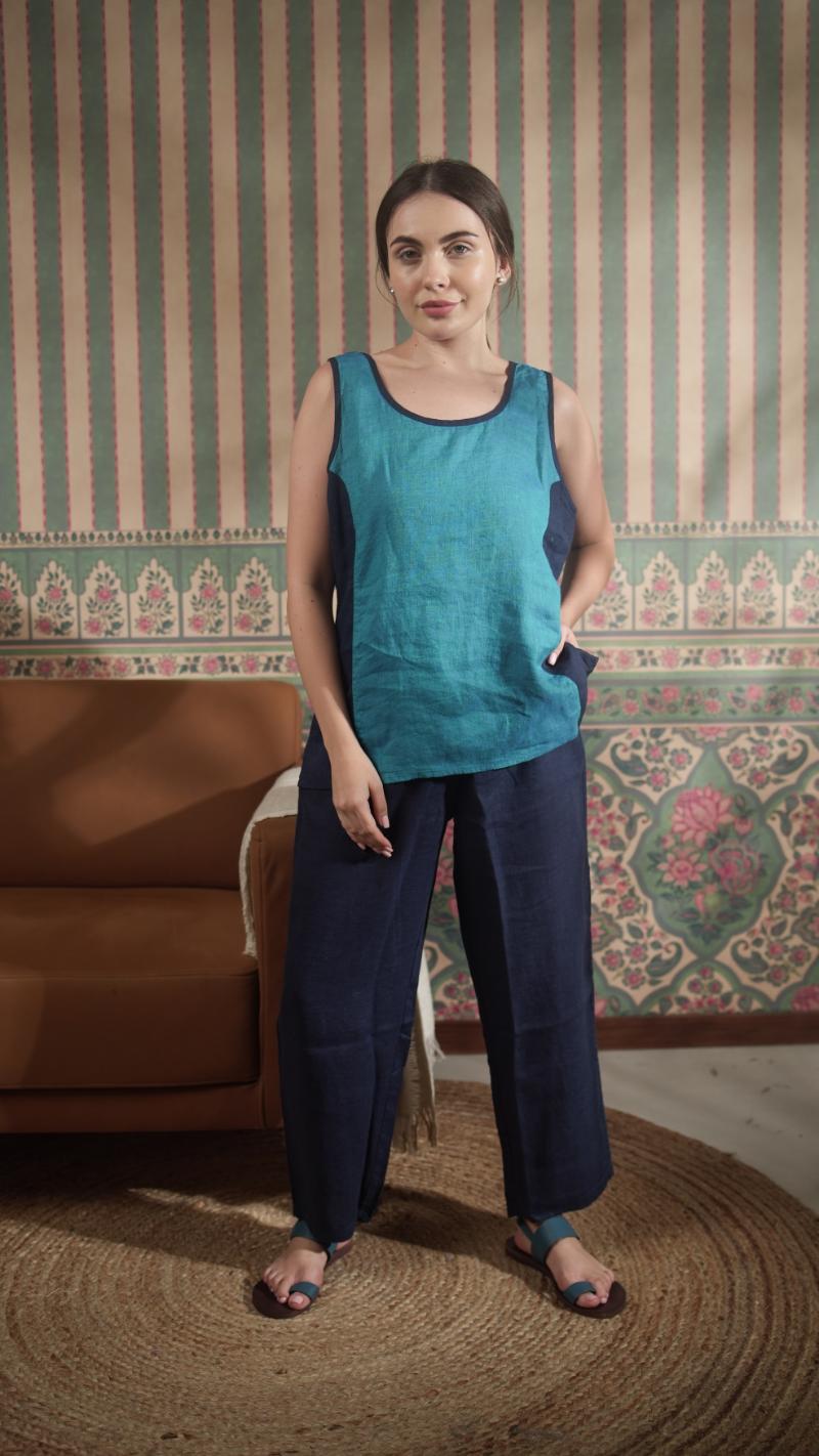 Color Block Round Neck Tank With Classic Pant With Zipper And Button