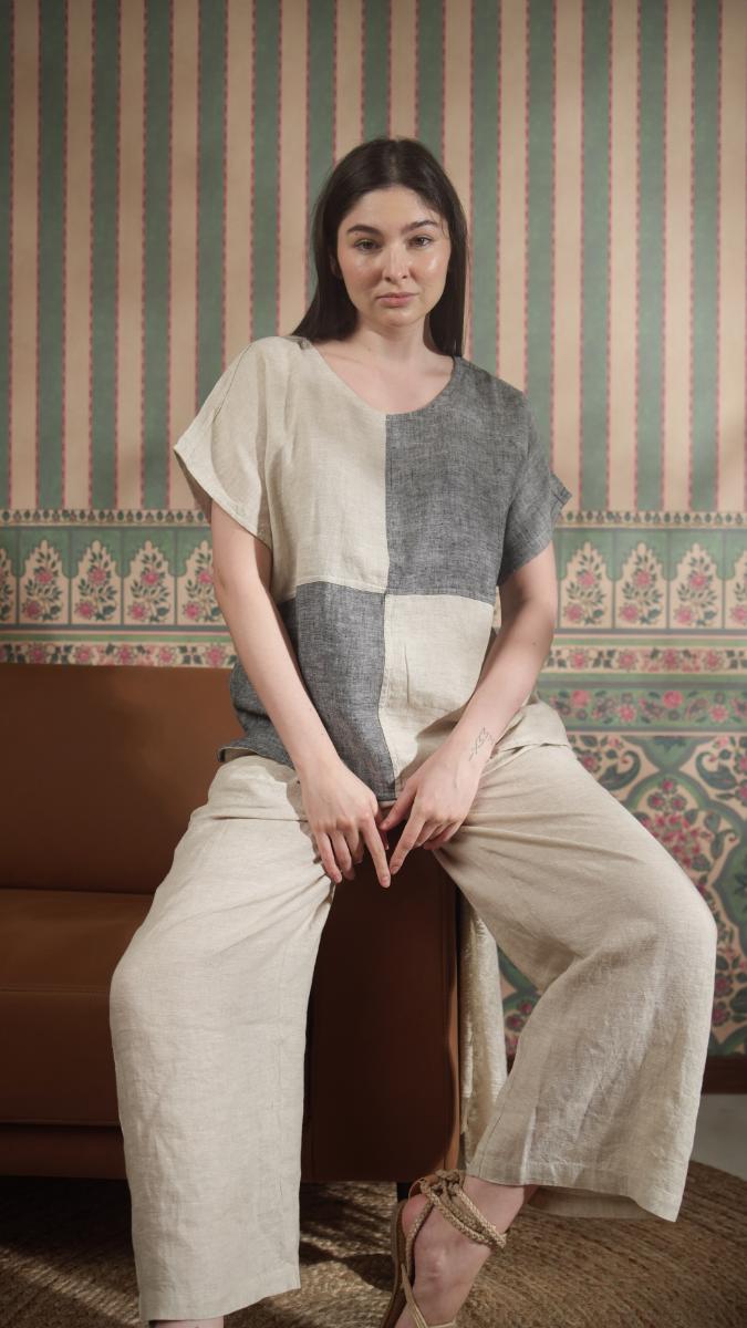 Color Block Round Neck Tunic -Front Pocket Princess Cut Pant