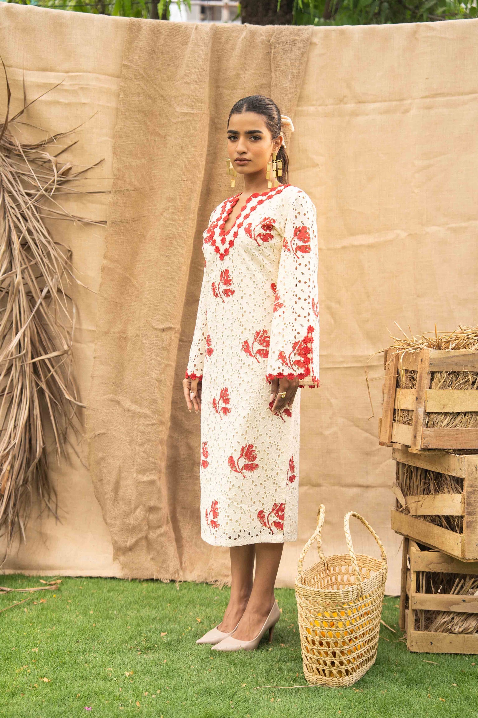 Printed Schiffli Relaxed Fit Midi Dress