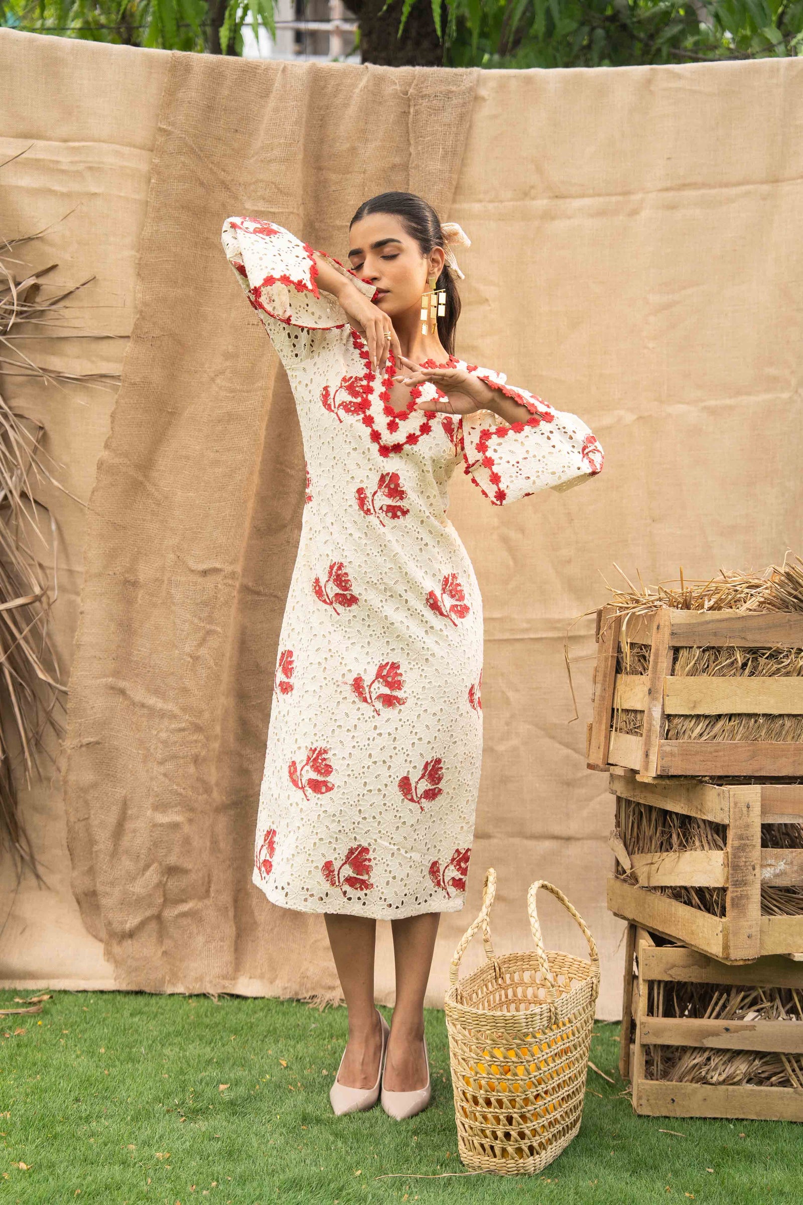 Printed Schiffli Relaxed Fit Midi Dress