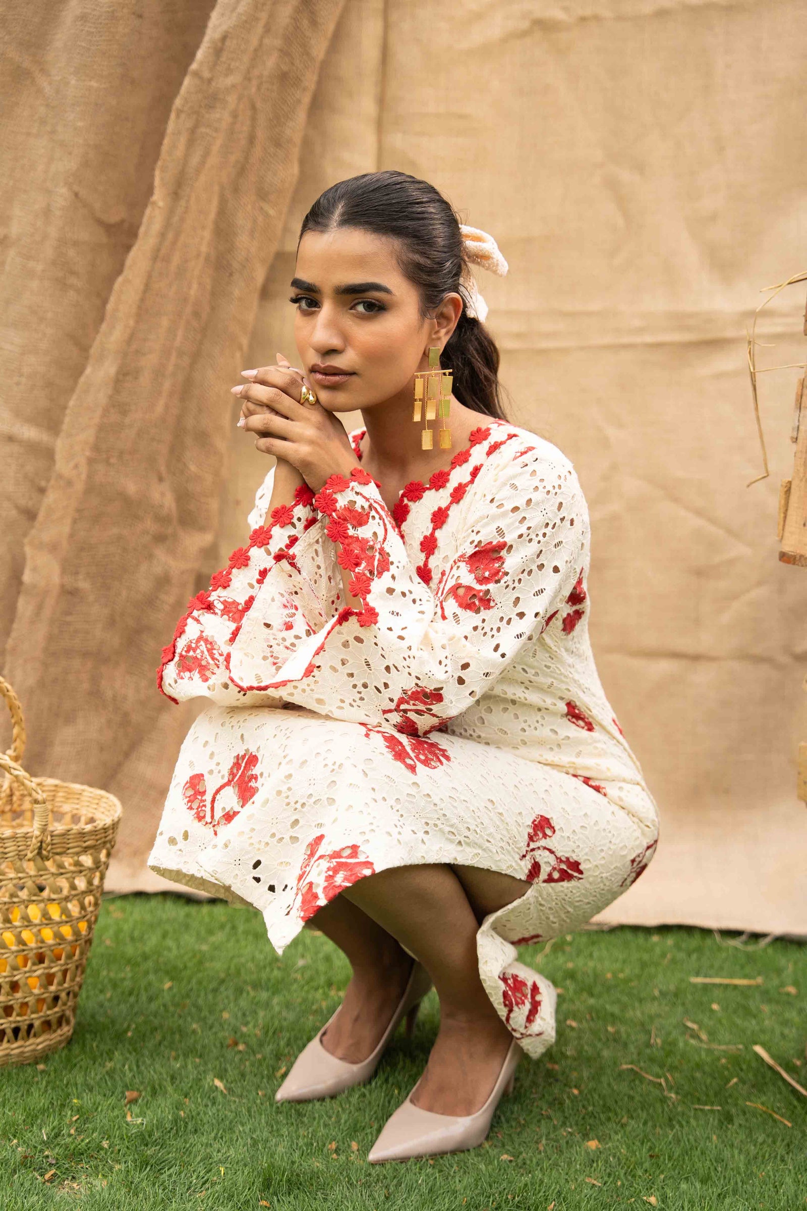 Printed Schiffli Relaxed Fit Midi Dress