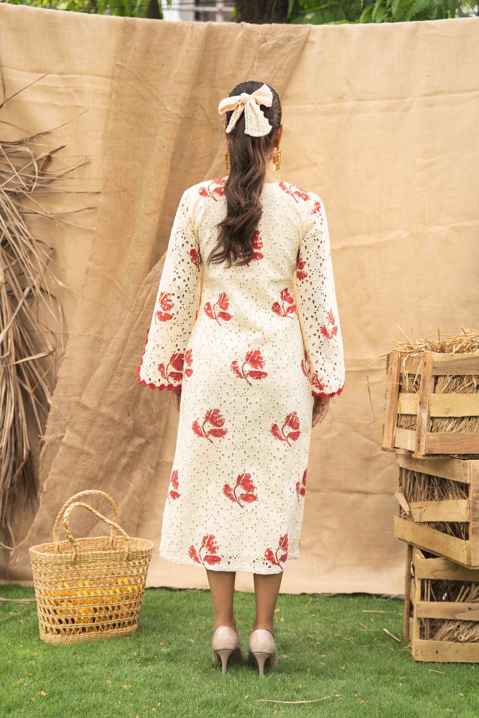 Printed Schiffli Relaxed Fit Midi Dress
