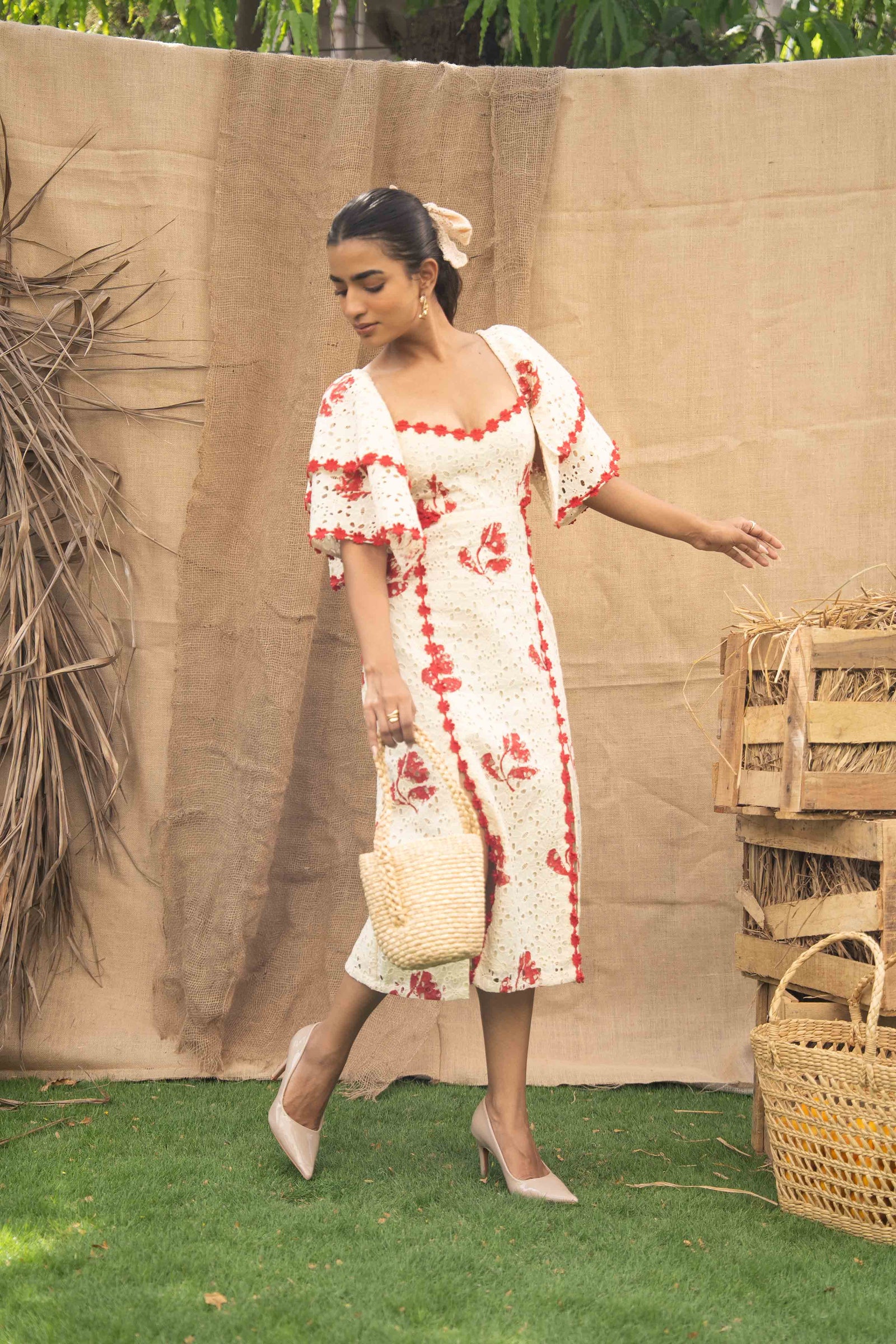 Printed Schiffli Dress With Slits At The Front