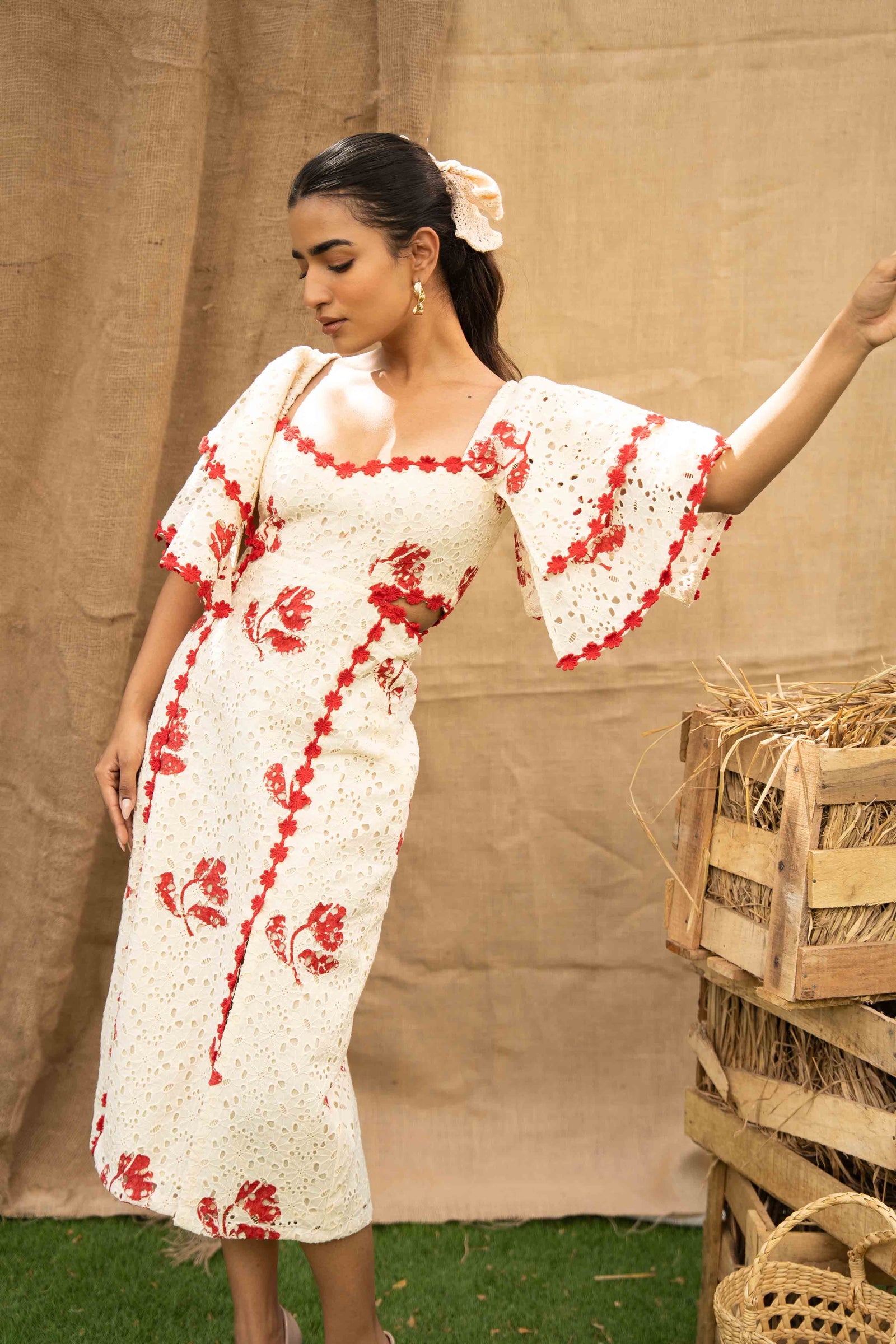 Printed Schiffli Dress With Slits At The Front