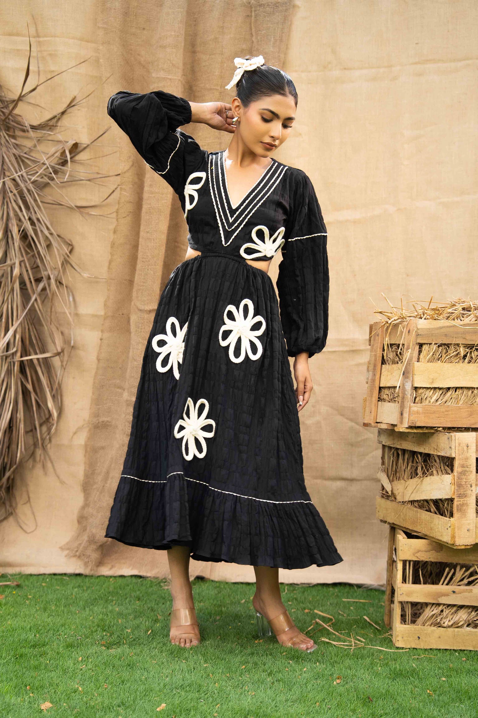 A V Neck Cut-Out Dress With Hand Embrodiered