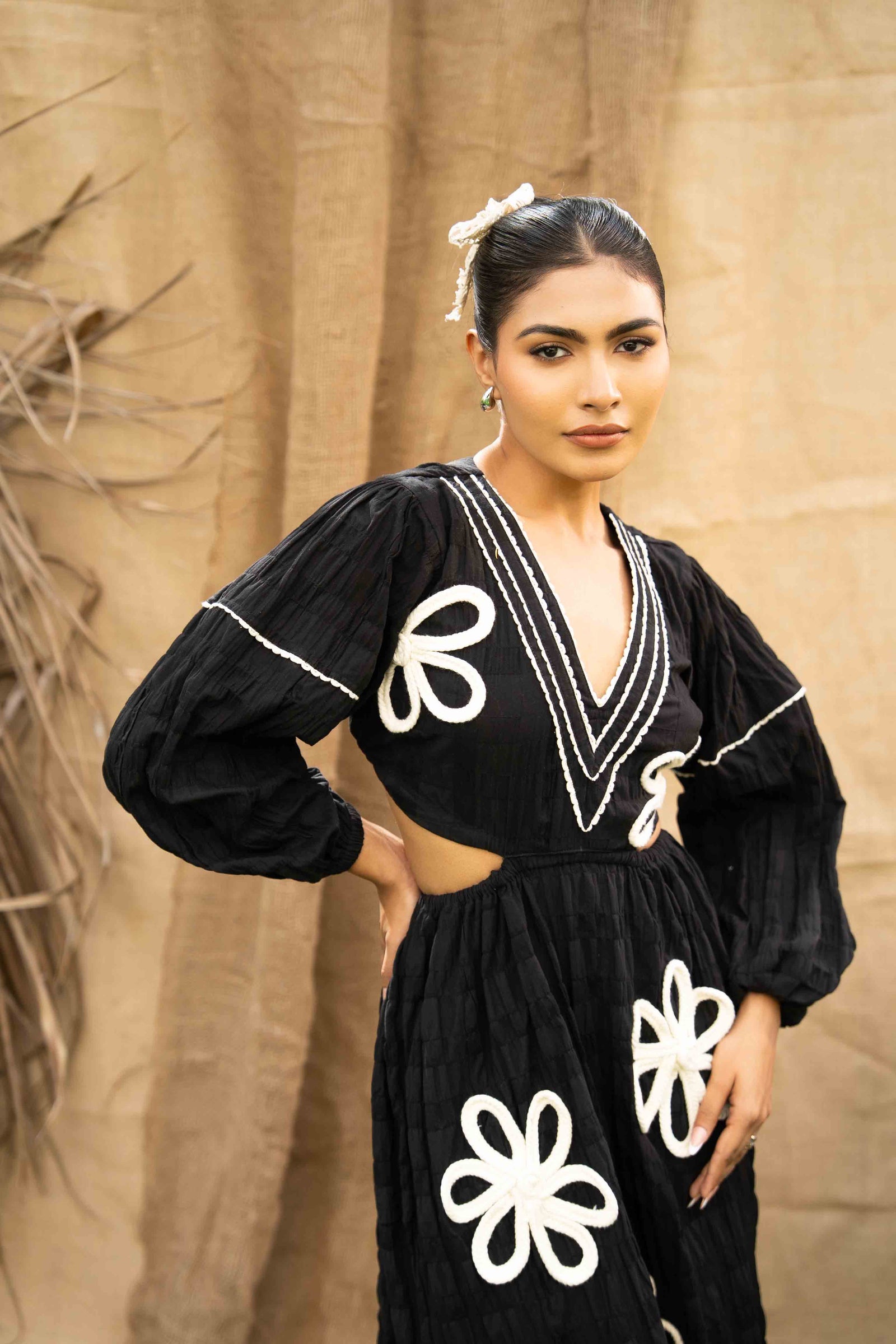 A V Neck Cut-Out Dress With Hand Embrodiered