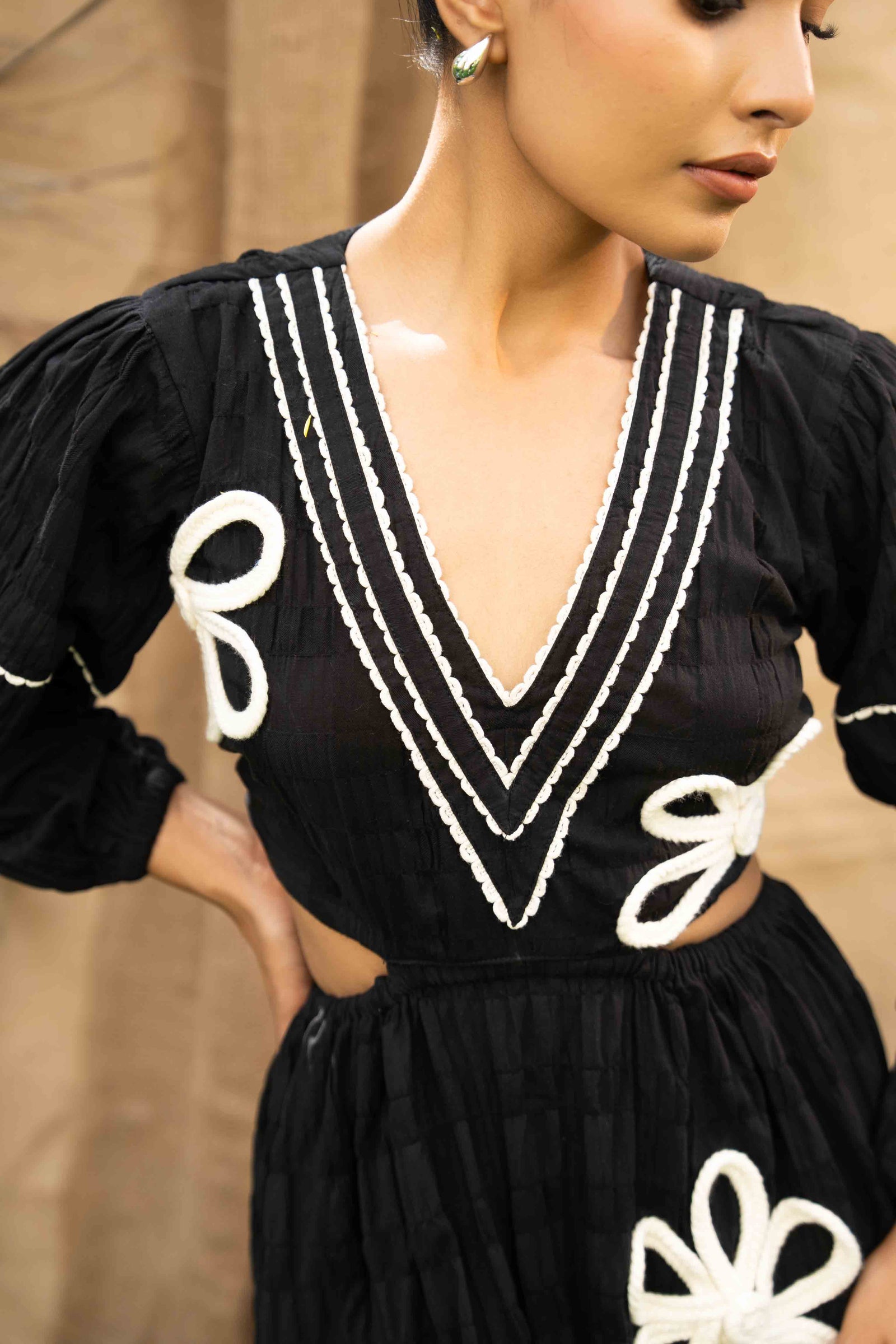 A V Neck Cut-Out Dress With Hand Embrodiered