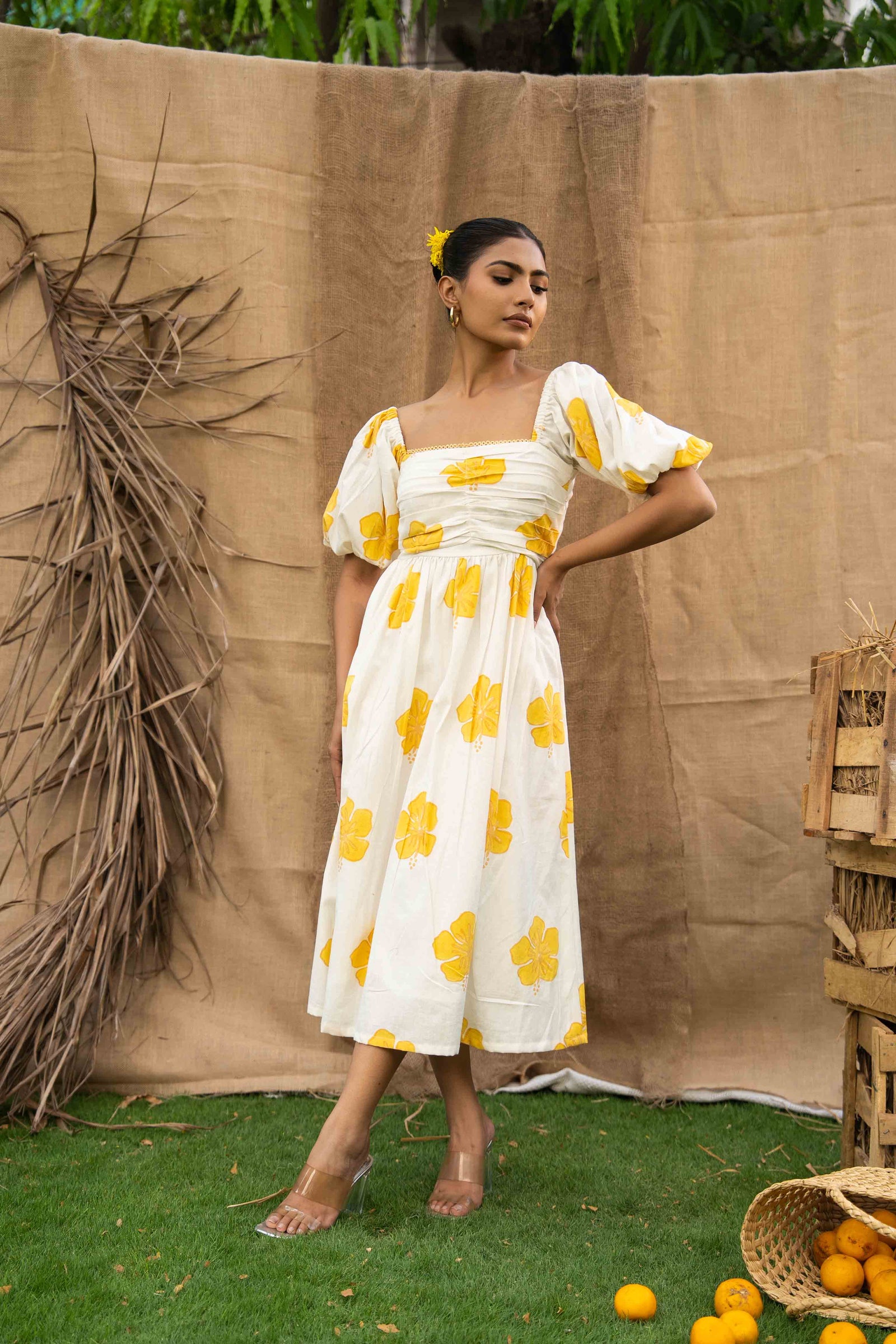 Summer Midi Dress, With Yellow Flowers Printed