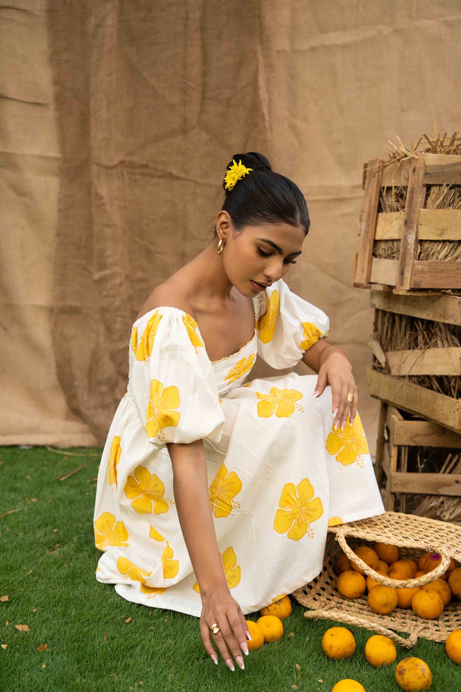 Summer Midi Dress, With Yellow Flowers Printed
