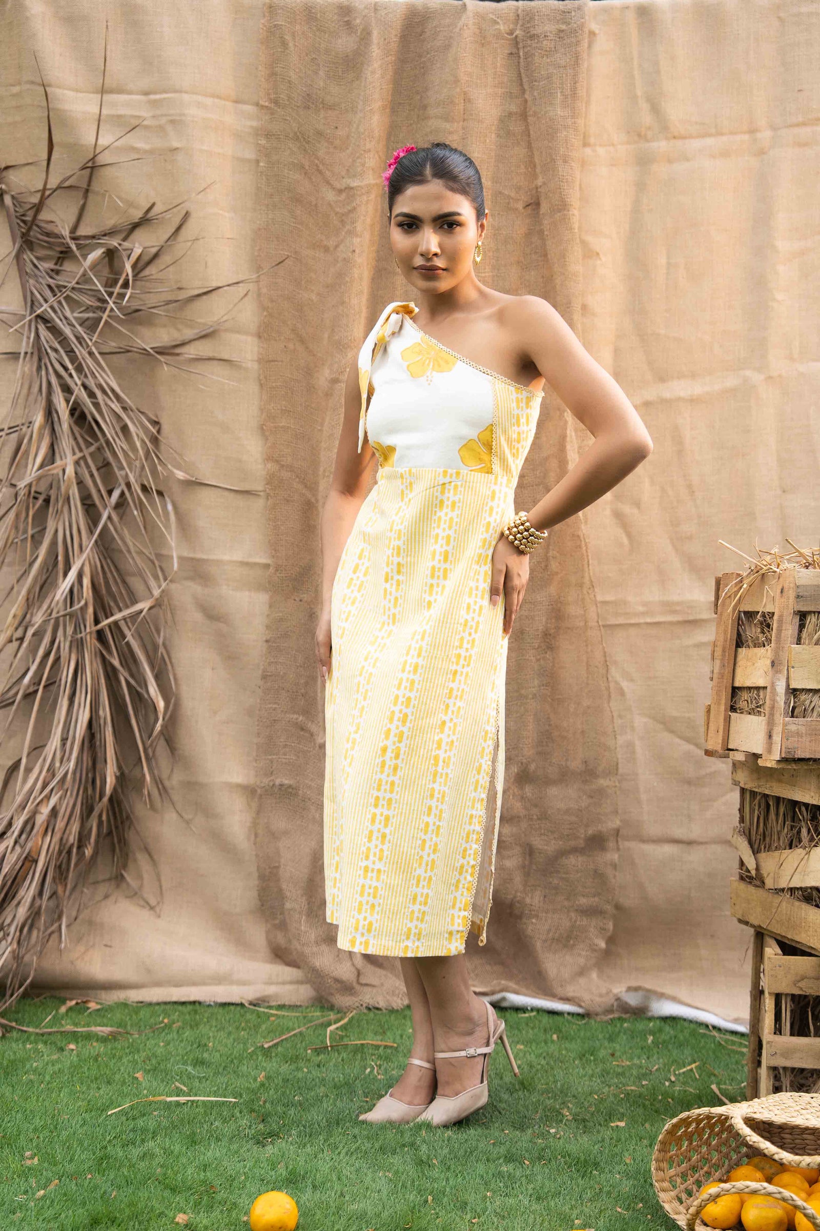 Printed Midi Dress, Combination Of Floral Print And Geometry