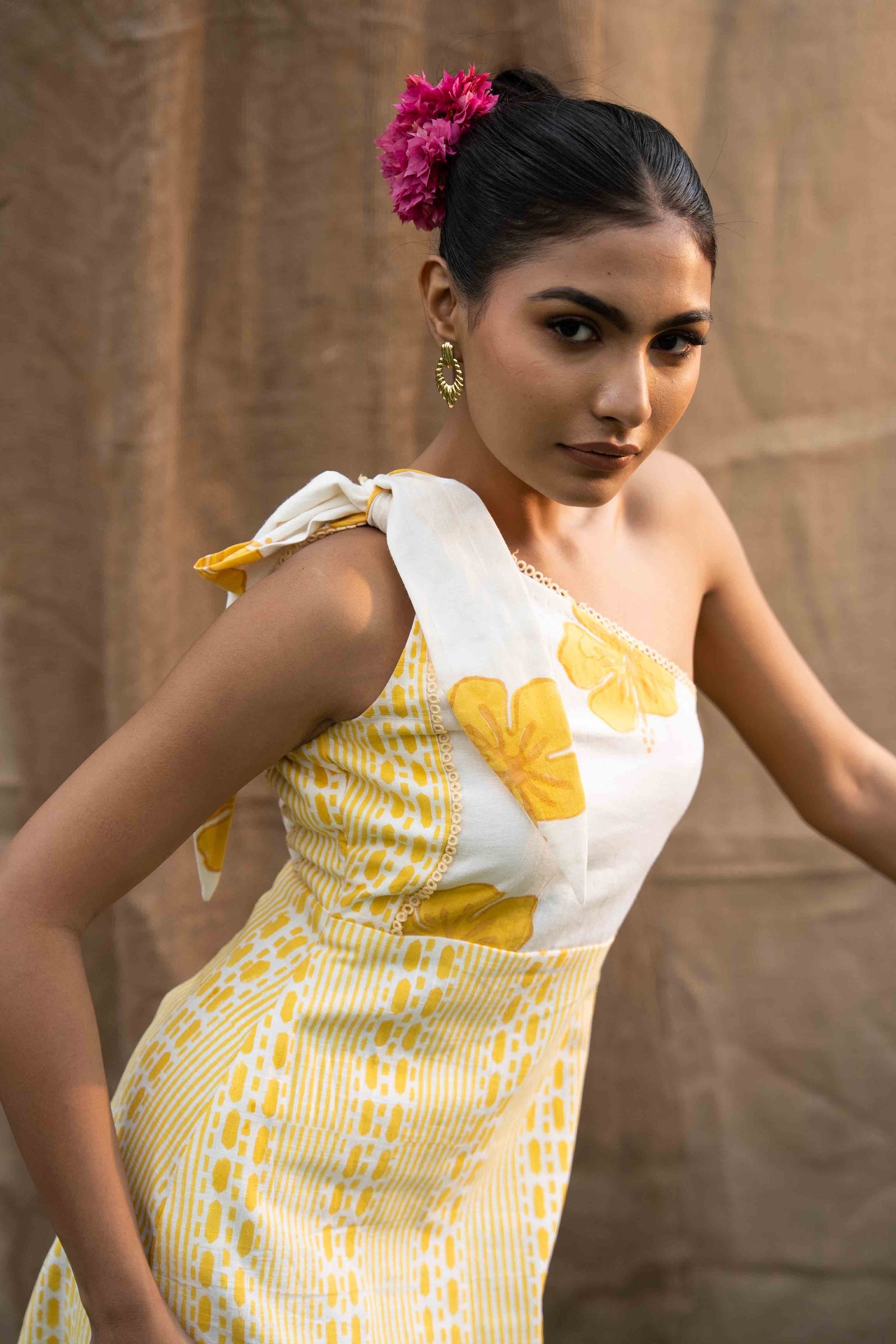Printed Midi Dress, Combination Of Floral Print And Geometry