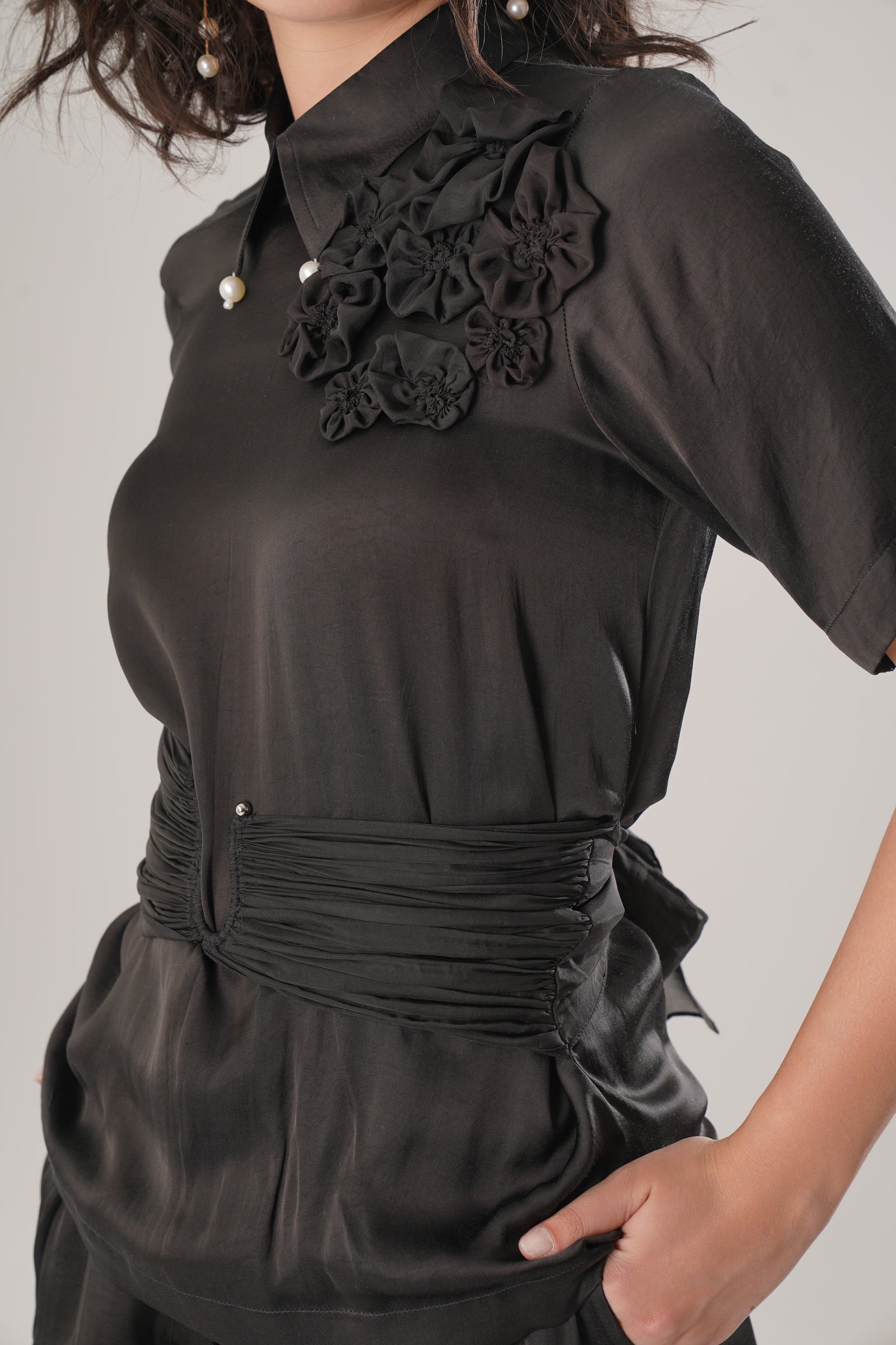 Black Modal Satin Shirt Seamlessly Blends Structure With Fluidity