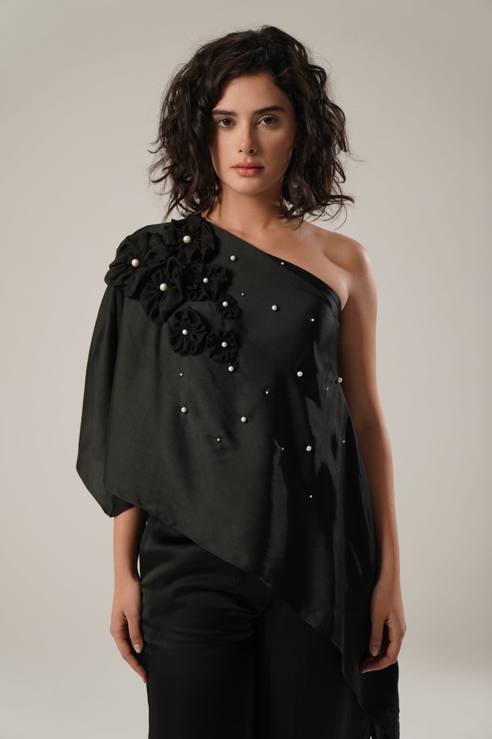 Black Asymmetric Off-Shoulder Top
