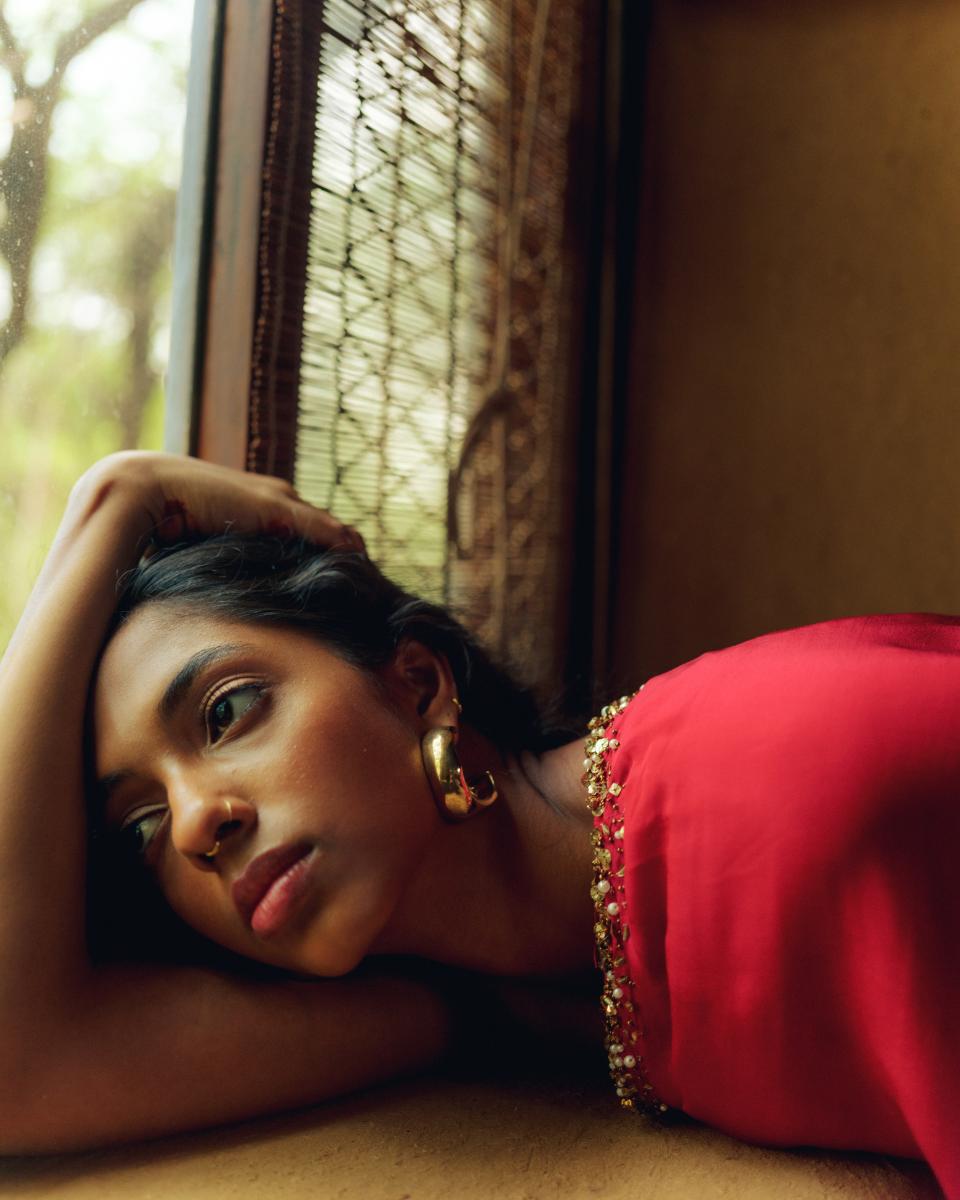 Red Off-Shoulder Tunic Set with Bronze and Gold Stone Embroidery