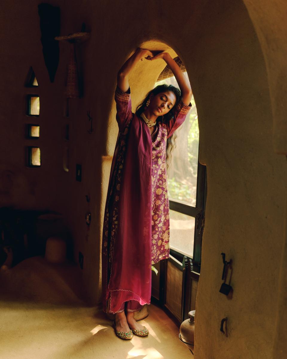 Maroon Printed Raw Silk Kurta Set