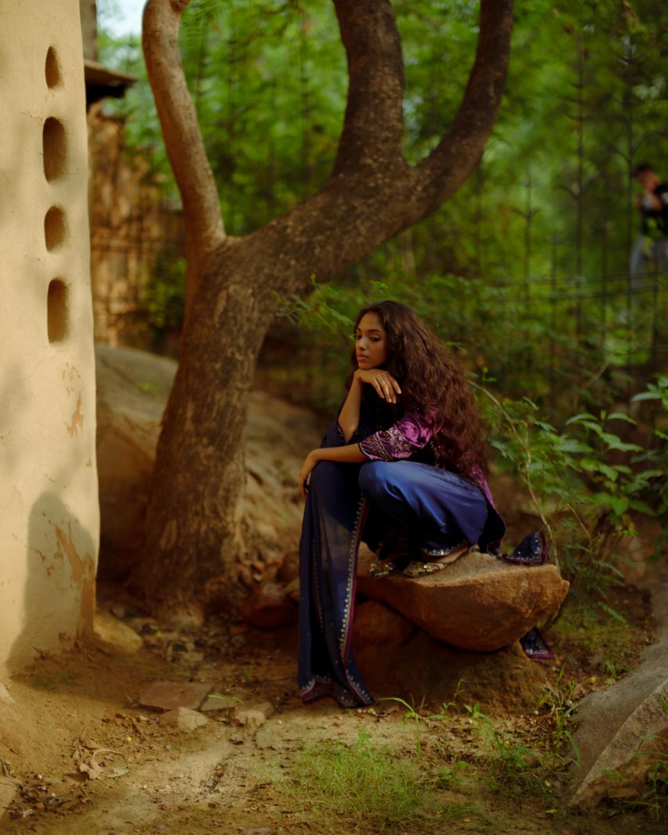 Purple Velvet Kurta Set with Patra Embroidery and Navy Accents