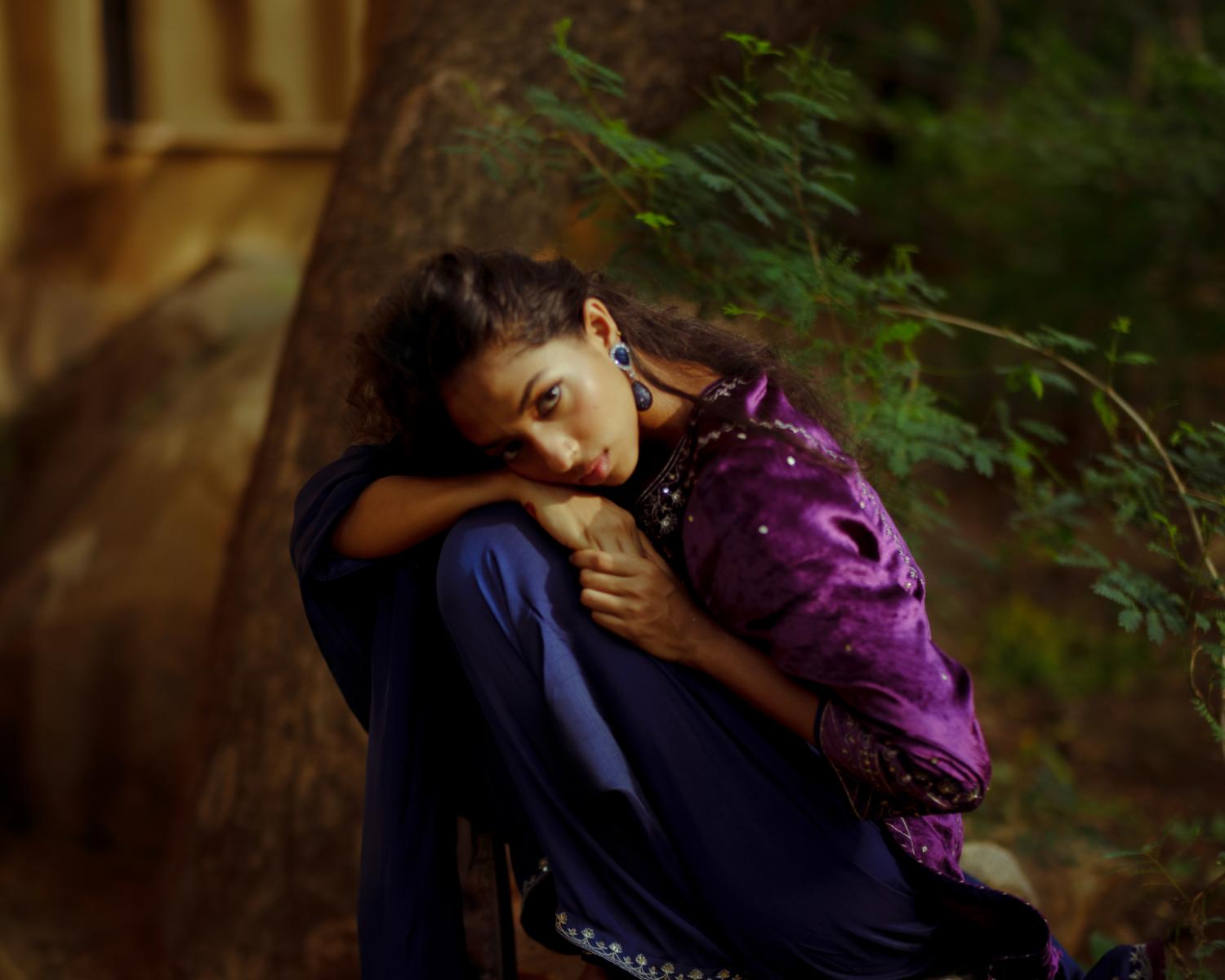 Purple Velvet Kurta Set with Patra Embroidery and Navy Accents