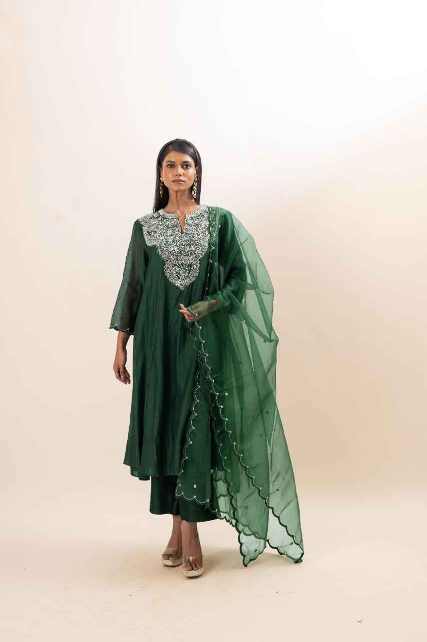 Chanderi Flared Kurta With Very Intricate Pearl Hand Embroidery
