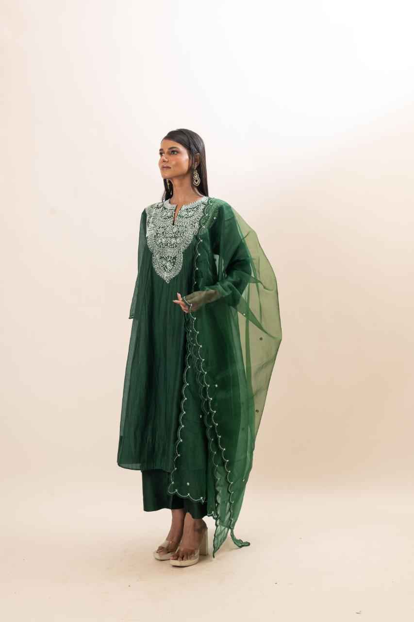 Chanderi Flared Kurta With Very Intricate Pearl Hand Embroidery