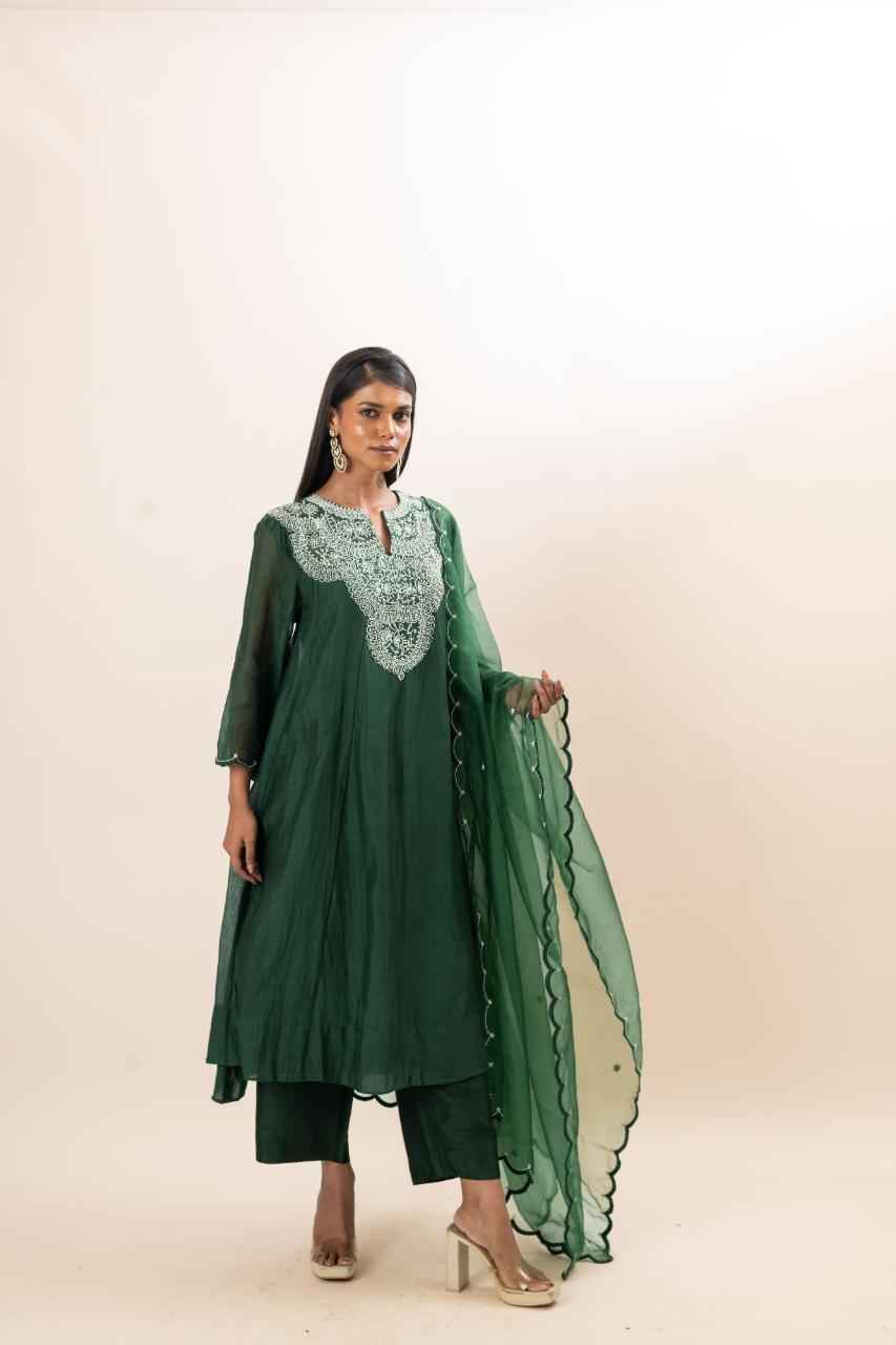 Chanderi Flared Kurta With Very Intricate Pearl Hand Embroidery