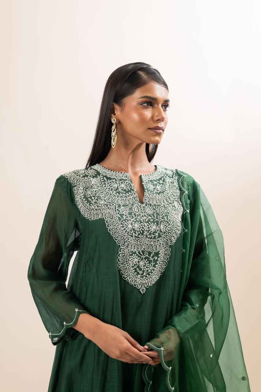 Chanderi Flared Kurta With Very Intricate Pearl Hand Embroidery