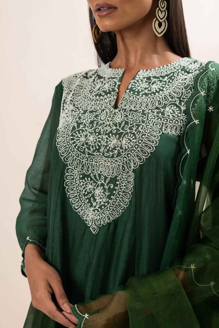 Chanderi Flared Kurta With Very Intricate Pearl Hand Embroidery