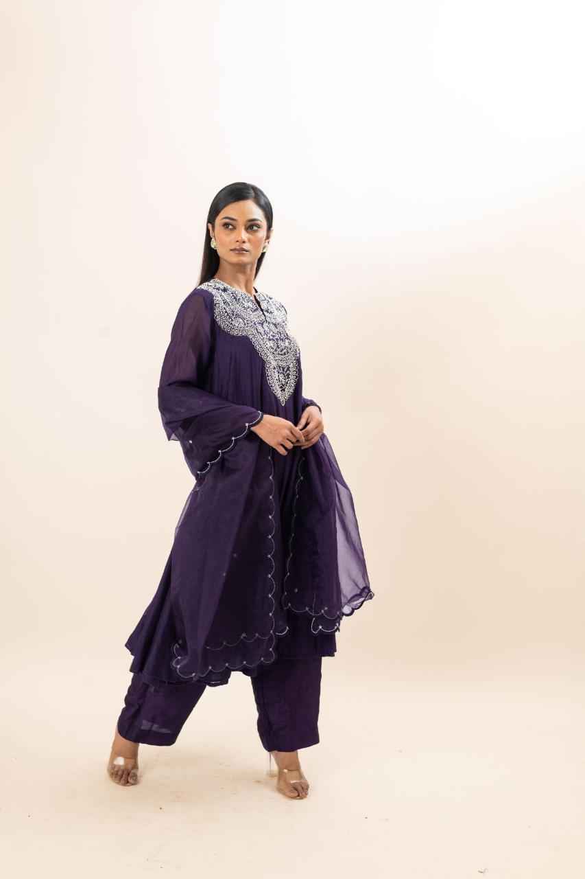 Chanderi Flared Kurta With Very Intricate Pearl Hand Embroidery