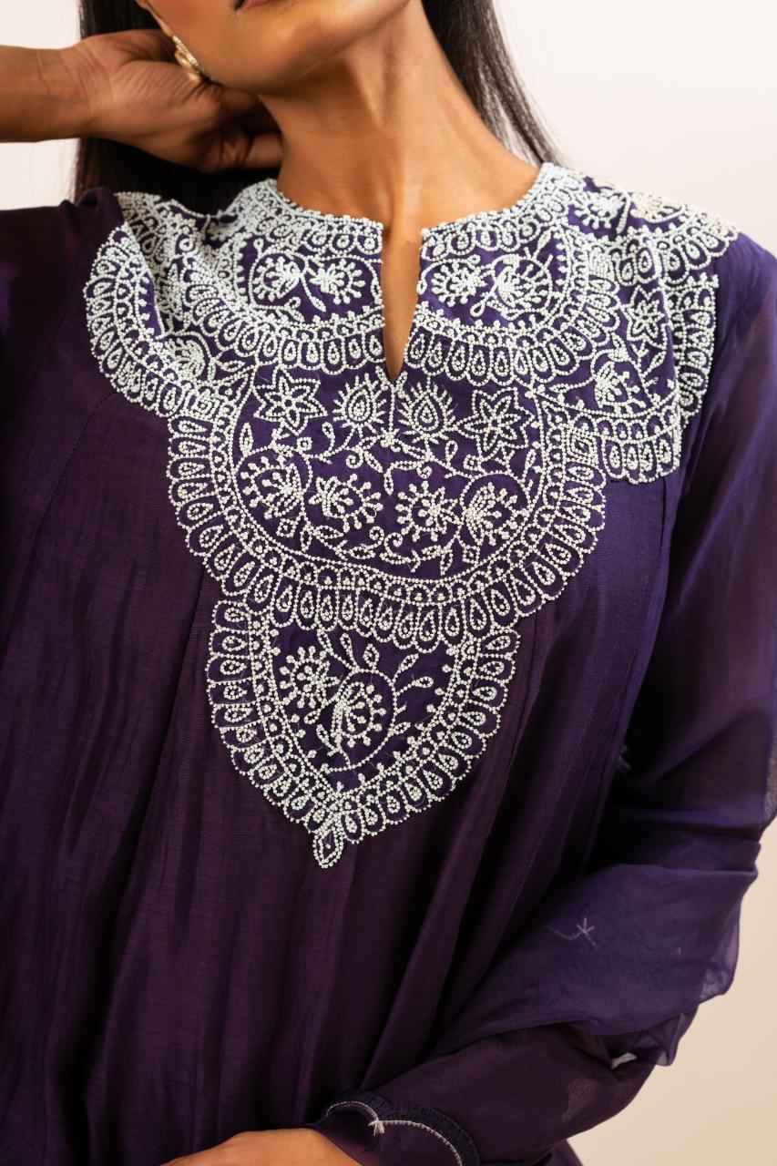 Chanderi Flared Kurta With Very Intricate Pearl Hand Embroidery