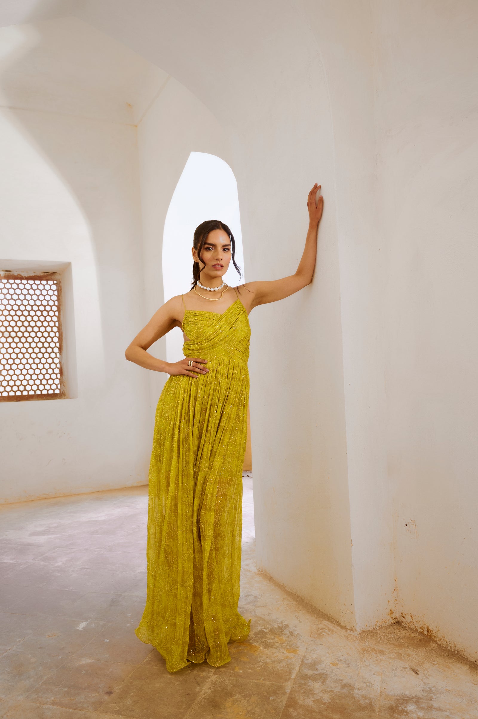 Gulbahar Lemon green jugnu Bandeau Bodice maxi