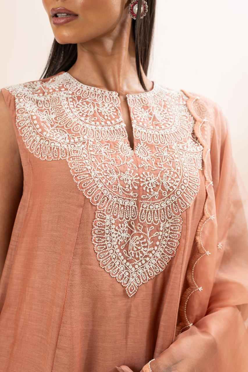 Chanderi Flared Kurta With Very Intricate Pearl Hand Embroidery