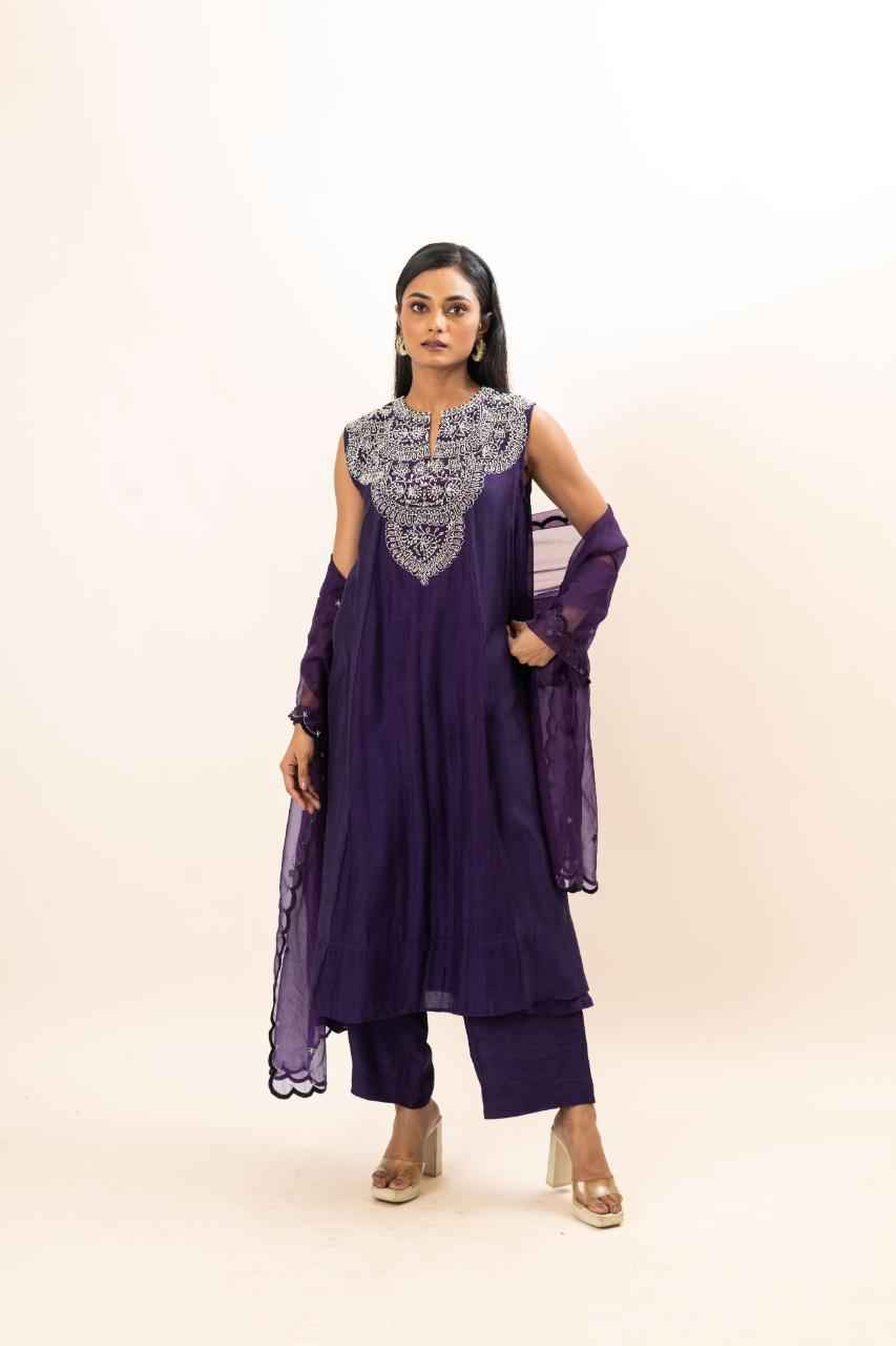 Chanderi Flared Kurta With Very Intricate Pearl Hand Embroidery