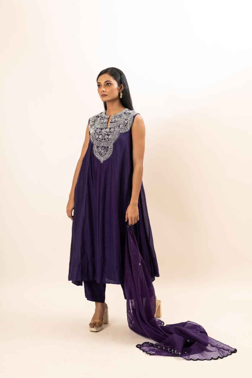 Chanderi Flared Kurta With Very Intricate Pearl Hand Embroidery