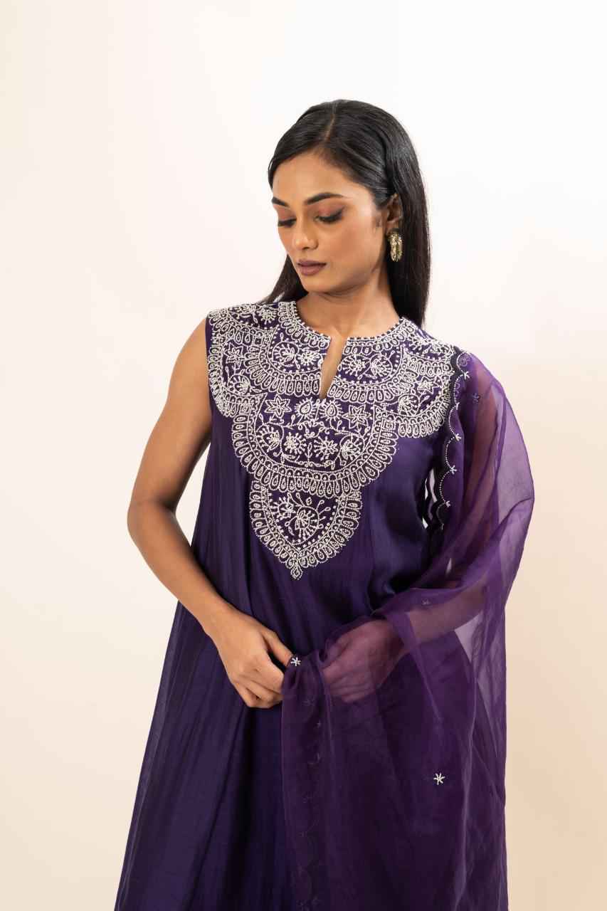 Chanderi Flared Kurta With Very Intricate Pearl Hand Embroidery