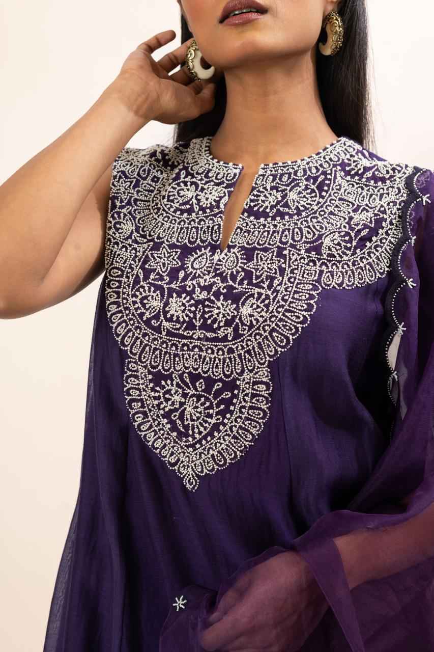 Chanderi Flared Kurta With Very Intricate Pearl Hand Embroidery