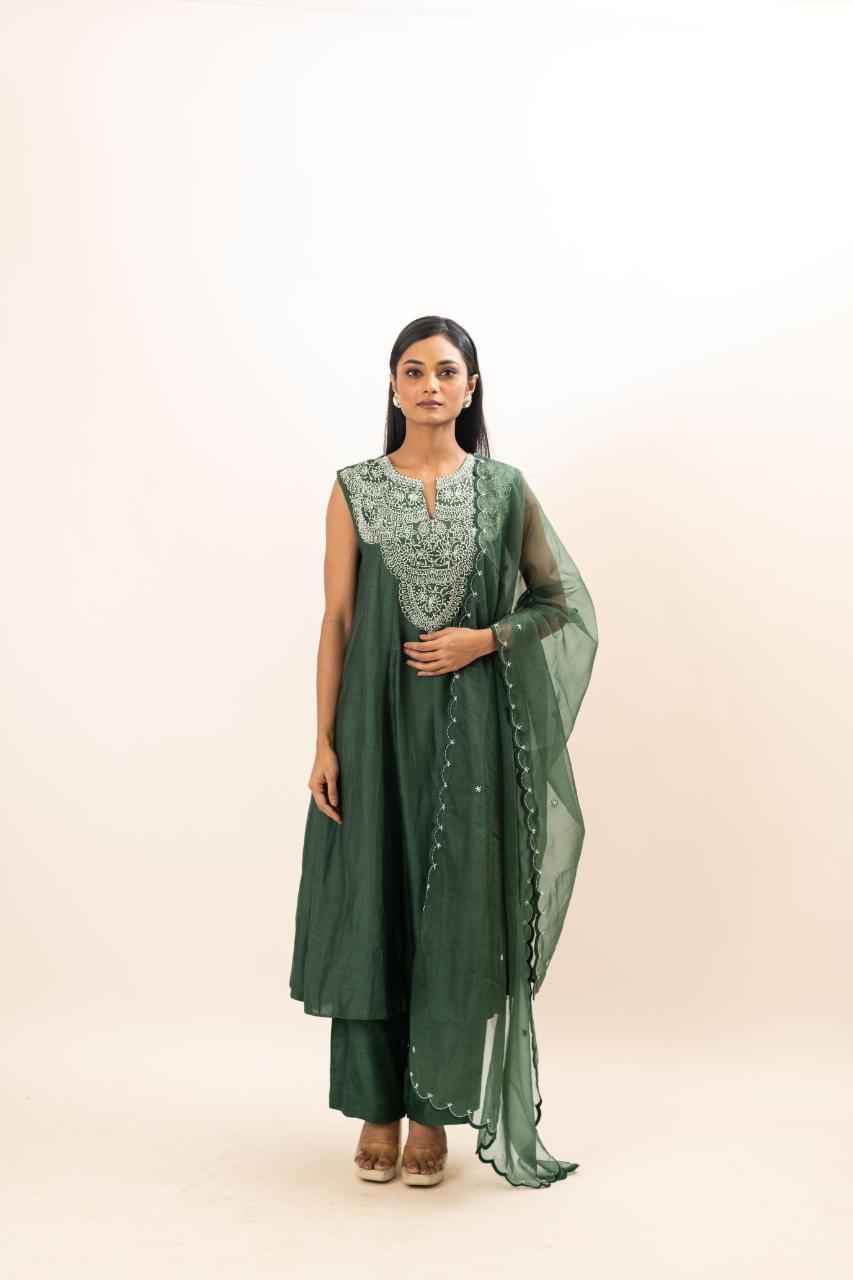 Chanderi Flared Kurta With Very Intricate Pearl Hand Embroidery