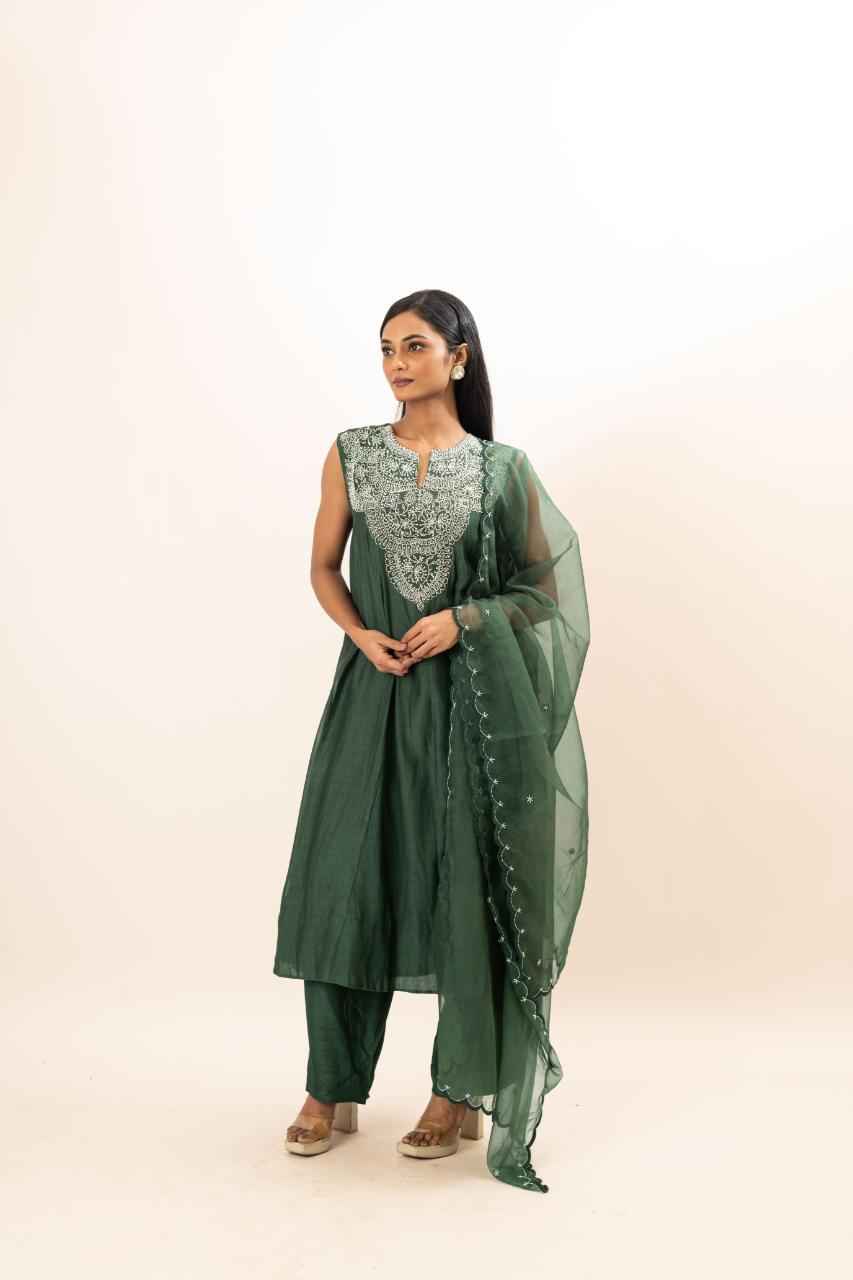 Chanderi Flared Kurta With Very Intricate Pearl Hand Embroidery