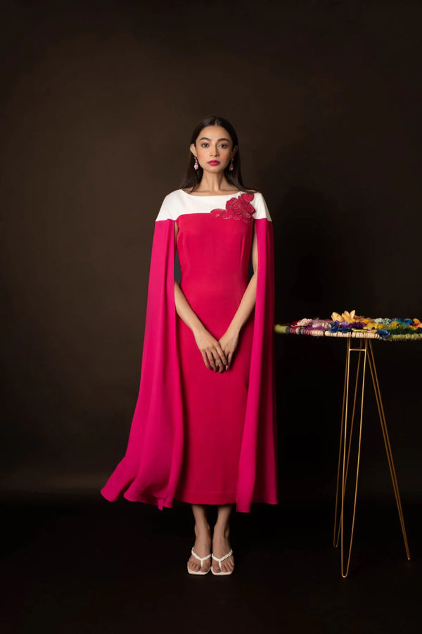 Fushia Pink Straight Dress With White Yoke And Embroidery And Georgette Trail