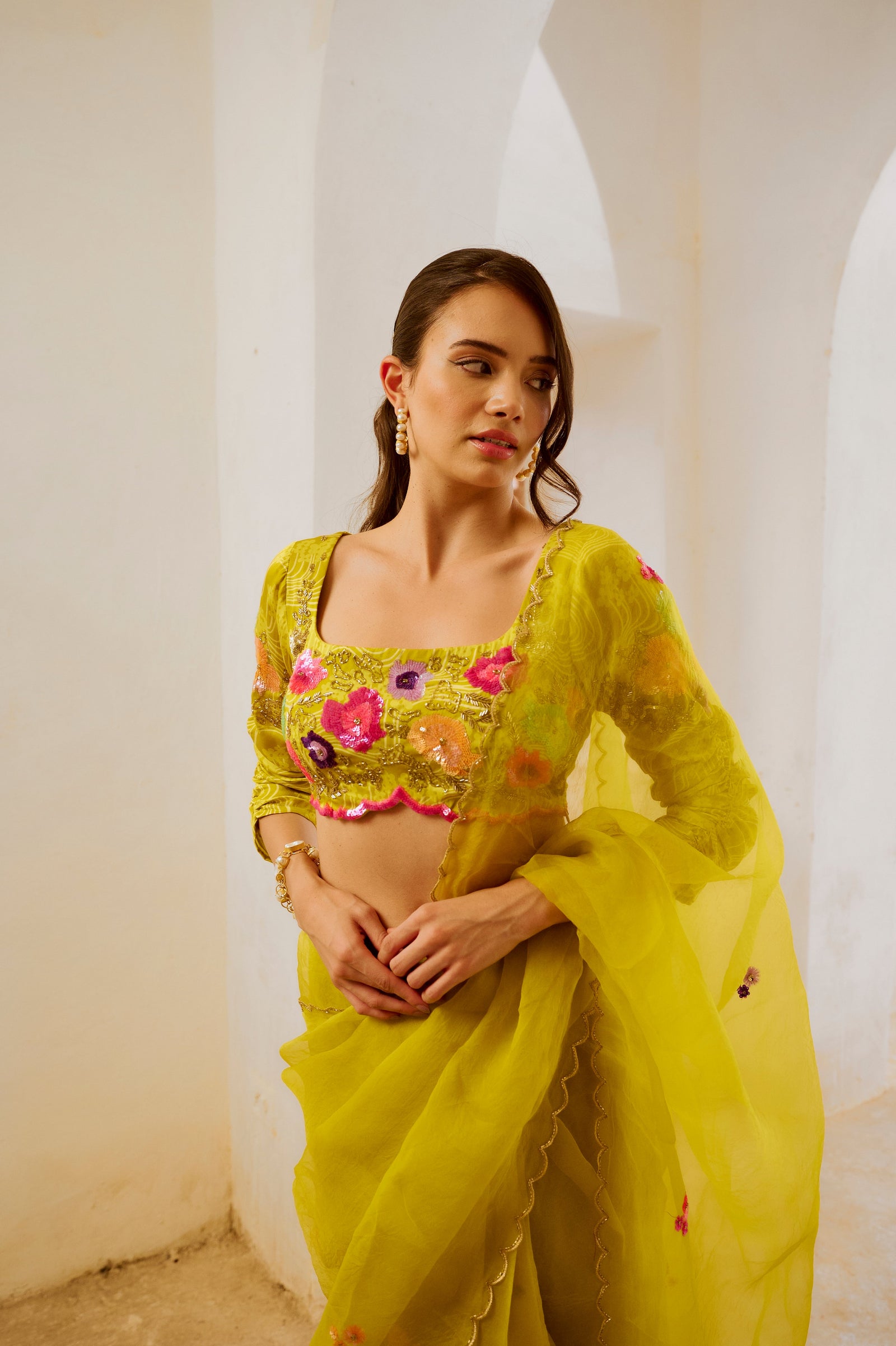 Gulbahar Lemon Green dil-bagh saree blouse set